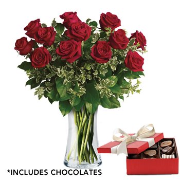 dozen roses with vase and box of chocolates