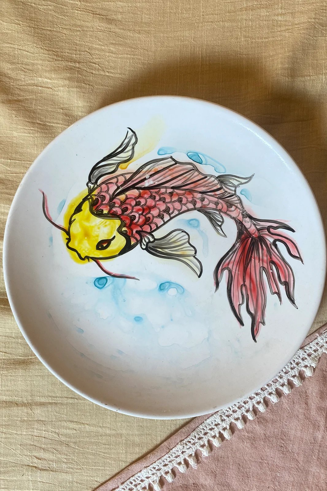 Koi fish ceramic plate set of 2, hand painted plate, ceramic plates, handmade ceramic plates, handpainted ceramic plates, ceramic plates set, painted plate, painted plate set, dinner ceramic plates, ceramic plates online, ceramic plates online India, decorative ceramic plates, jack of all, Sepia stories
