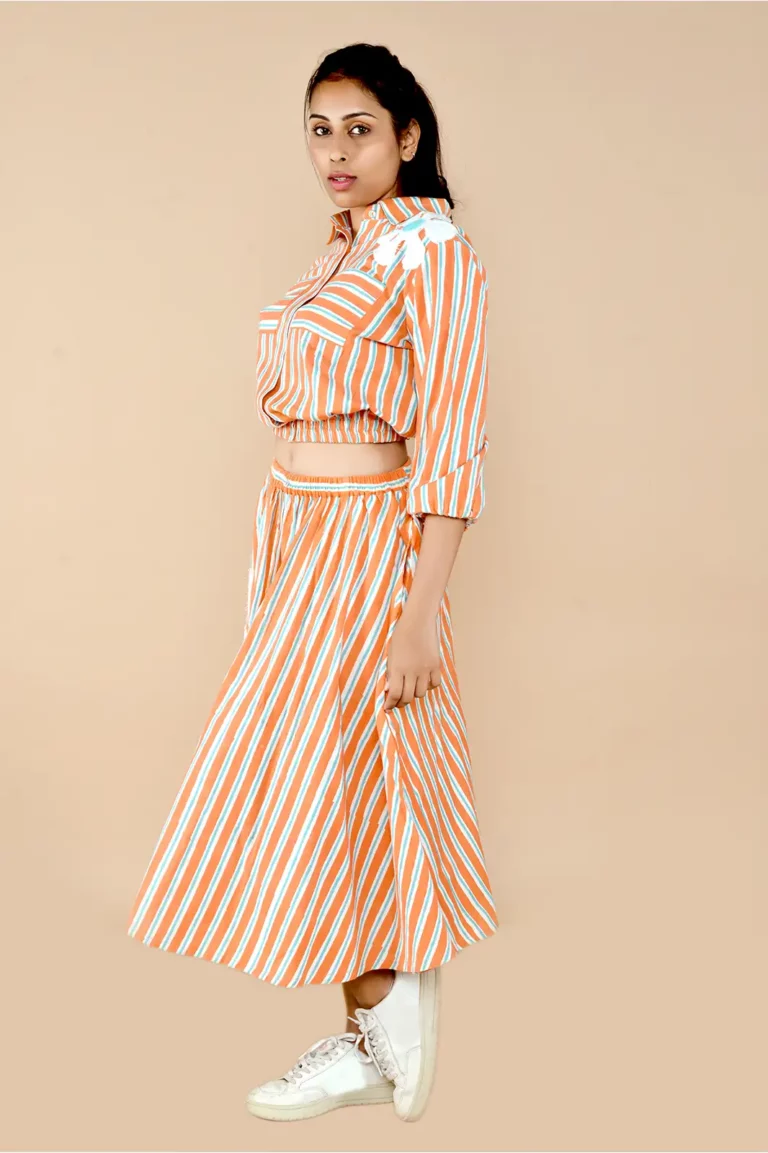 orange stripe skirt co ords 2 pc crop top with skirt, party wear crop top with skirt, skirt and top co ords, co ords set for women, summer outfits, organic clothing