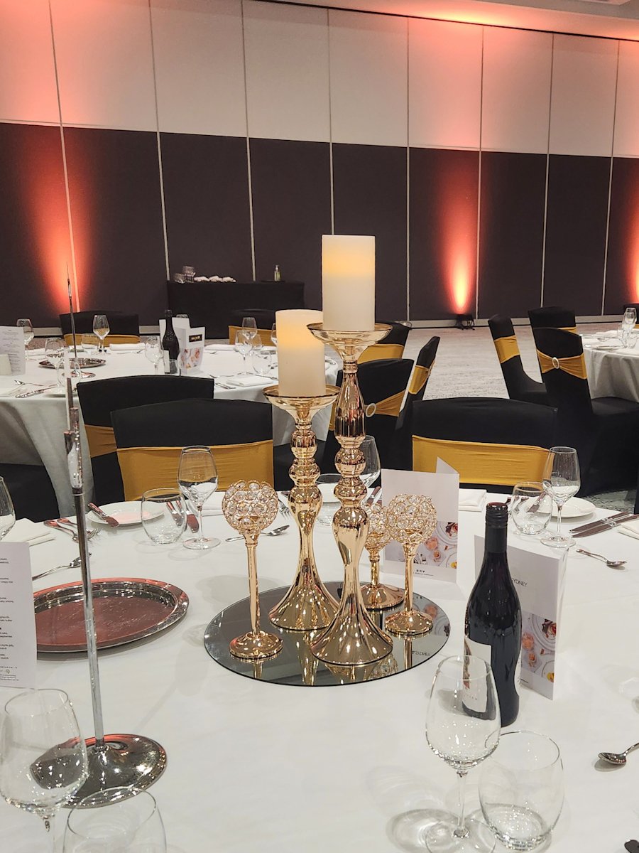 Gold Crystal and Candle Set Centrepiece on Event Table