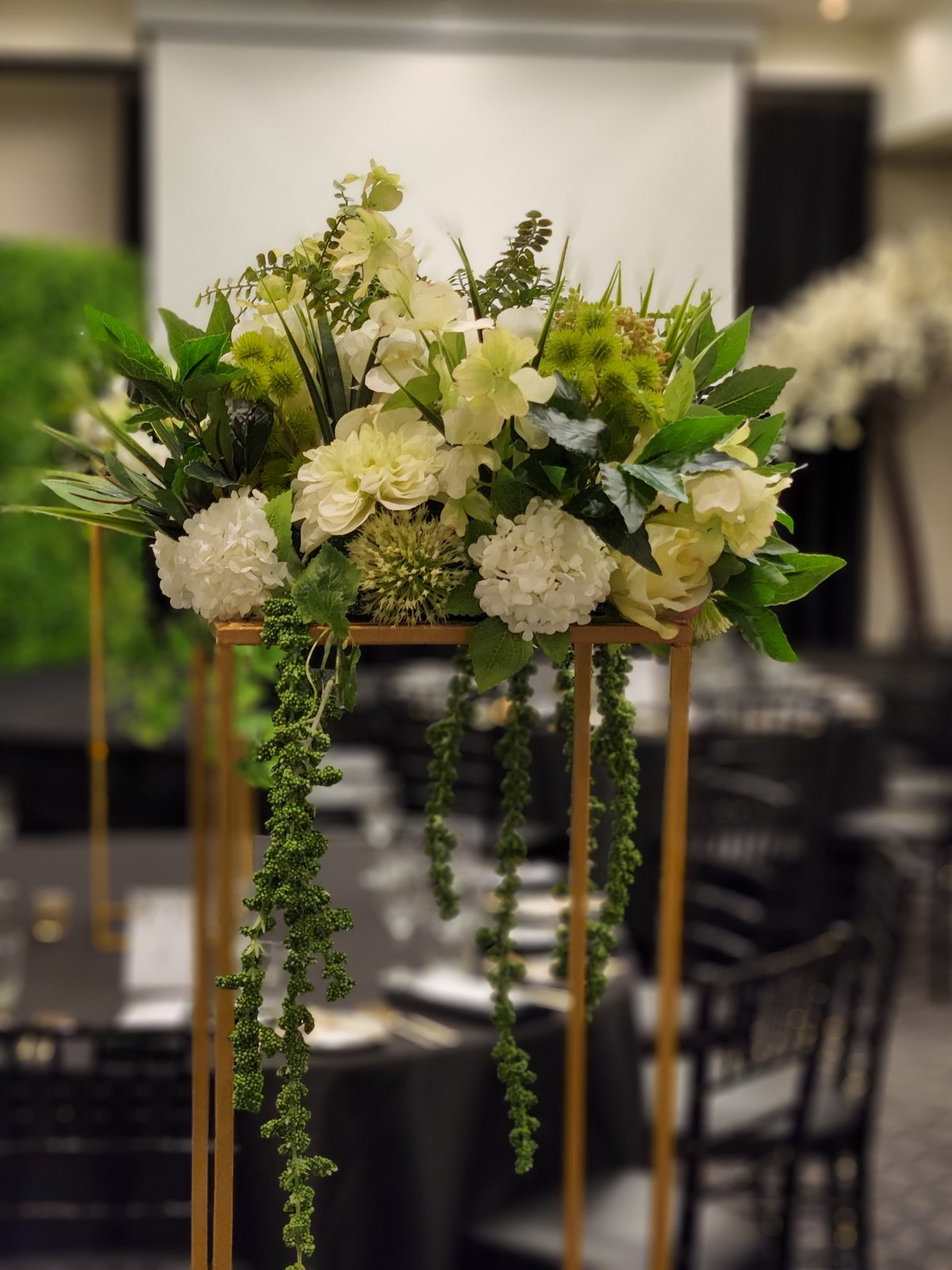 Artificial White Flowers & Greenery on Gold Stand