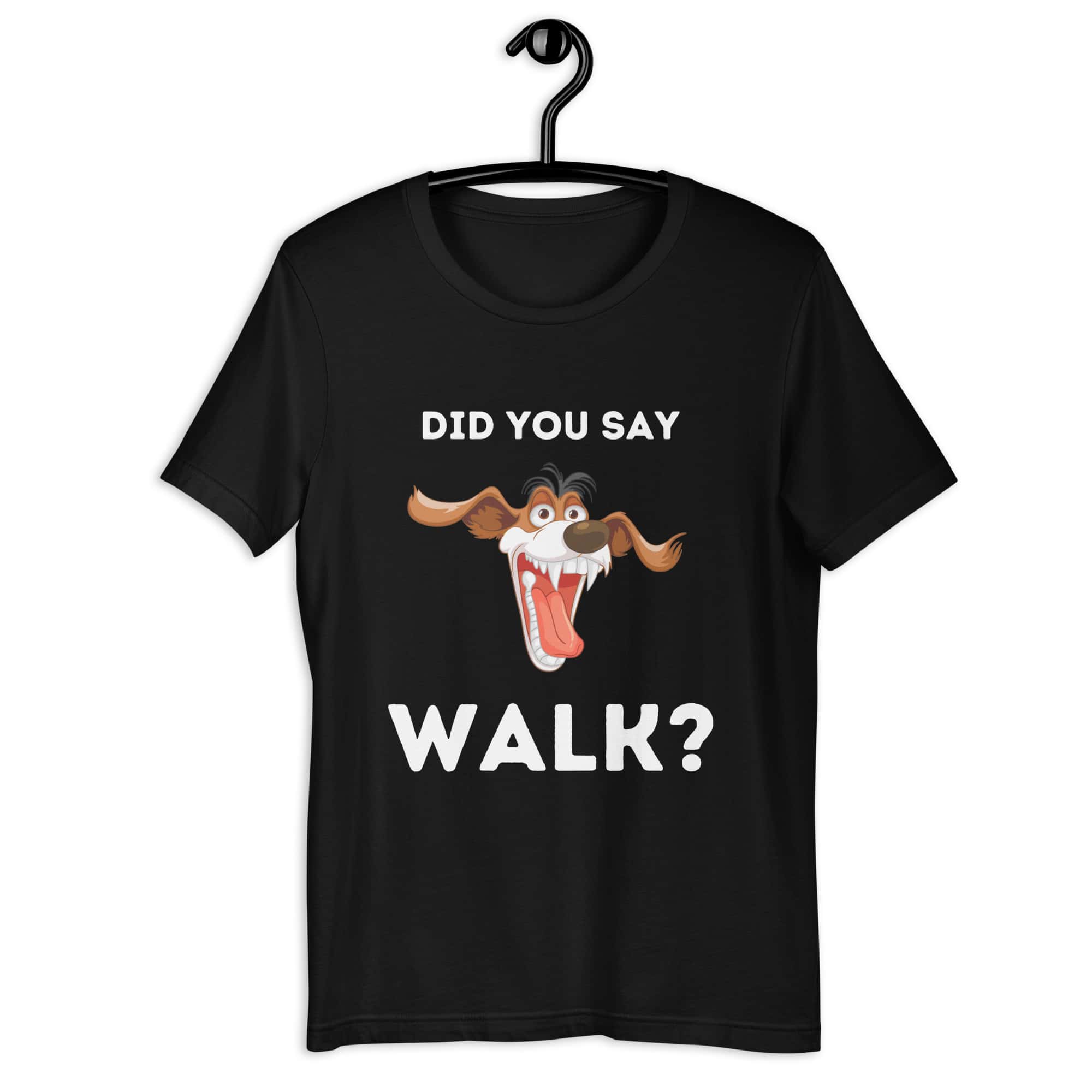 The "Funny 'Did You Say Walk?' Dog Unisex T-Shirt" captures the excitement dogs feel at the mention of a walk. Made from a comfortable, durable blend, it features a vibrant graphic that dog lovers will relate to. Available in various sizes and colors, it's perfect for casual wear, highlighting a universal moment in dog ownership with humor and style. Black