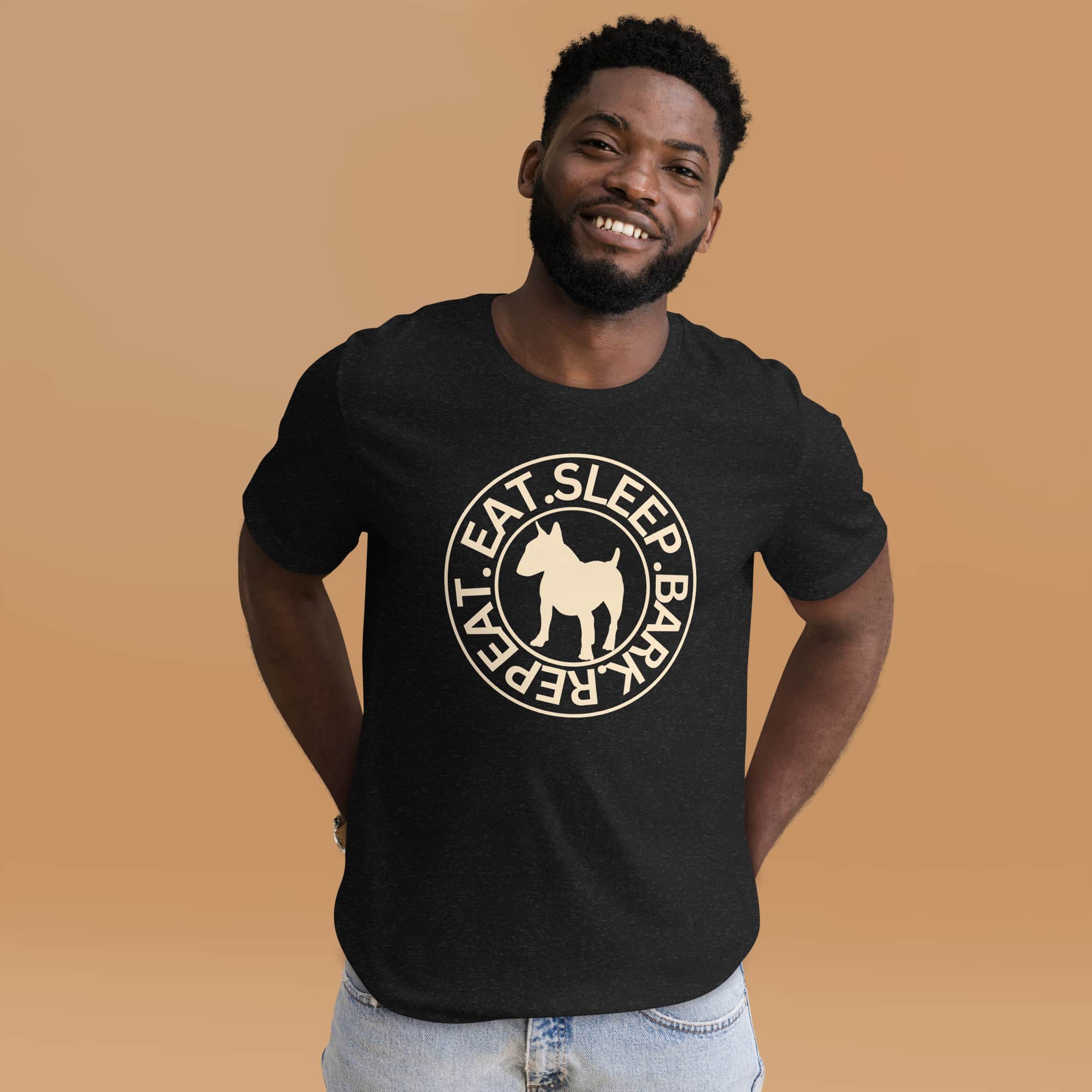 Eat Sleep Bark Repeat Bull Terrier Unisex T-Shirt. Black Heather. Male