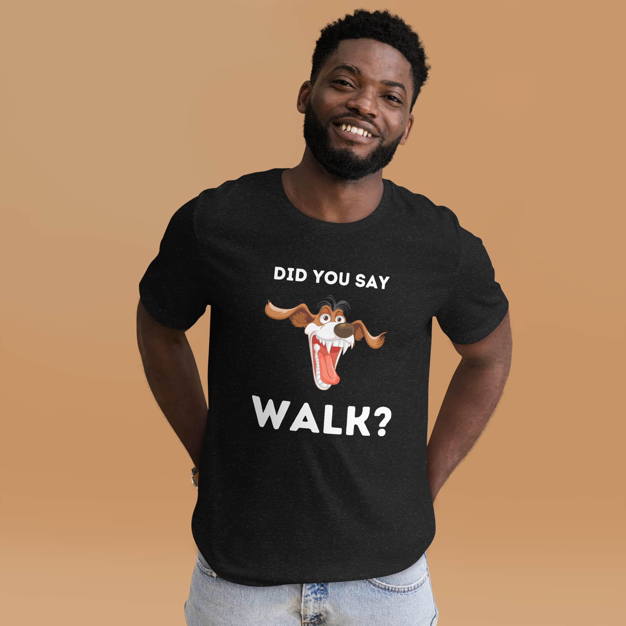 The "Funny 'Did You Say Walk?' Dog Unisex T-Shirt" captures the excitement dogs feel at the mention of a walk. Made from a comfortable, durable blend, it features a vibrant graphic that dog lovers will relate to. Available in various sizes and colors, it's perfect for casual wear, highlighting a universal moment in dog ownership with humor and style. Black Heather. male
