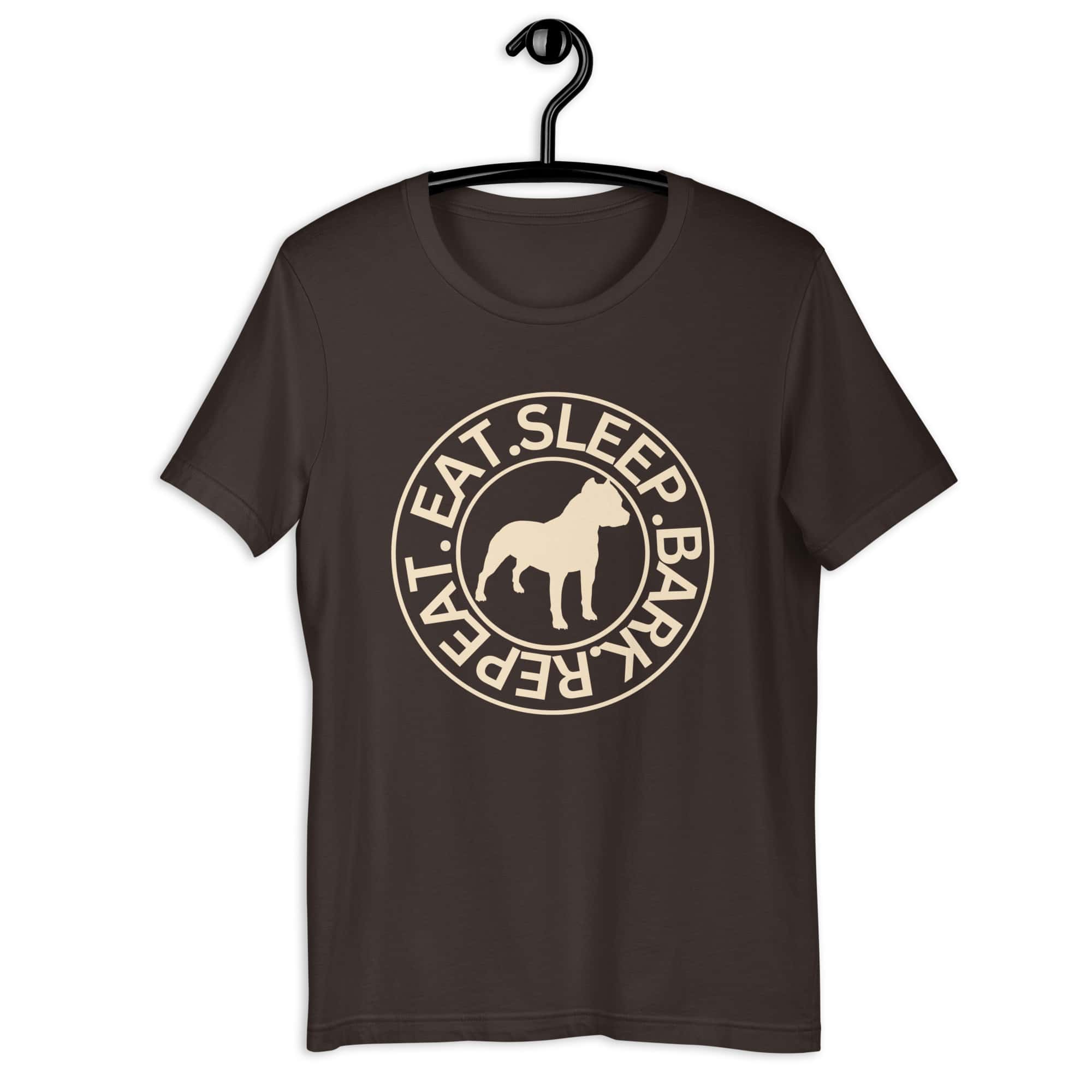 Eat Sleep Bark Repeat Toy Bulldog Unisex T-Shirt. Brown