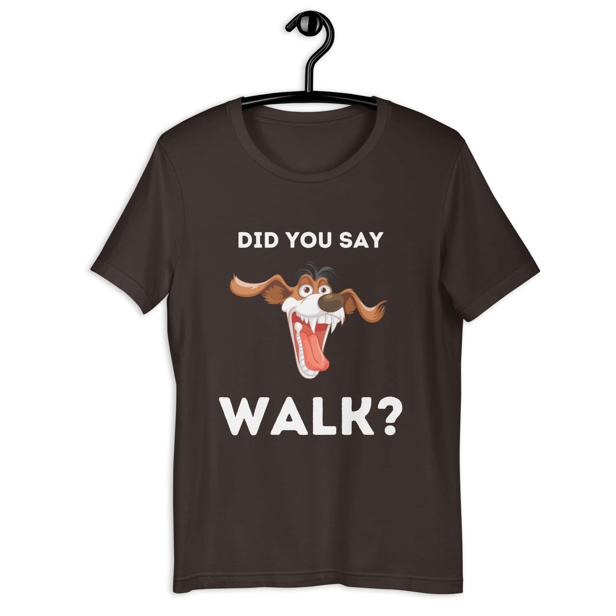 The "Funny 'Did You Say Walk?' Dog Unisex T-Shirt" captures the excitement dogs feel at the mention of a walk. Made from a comfortable, durable blend, it features a vibrant graphic that dog lovers will relate to. Available in various sizes and colors, it's perfect for casual wear, highlighting a universal moment in dog ownership with humor and style. Brown