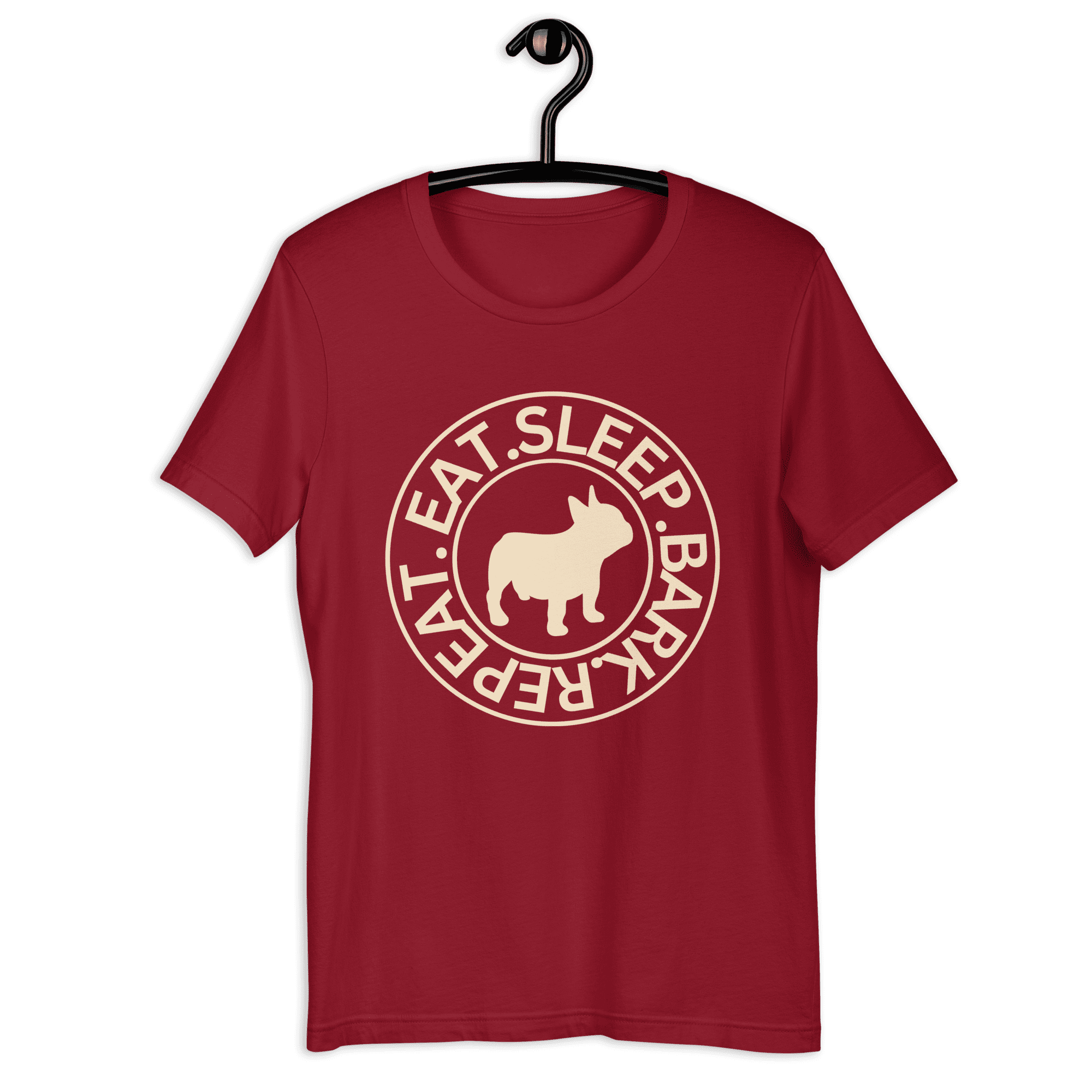 The "Eat Sleep Bark Repeat" French Bulldog Unisex T-Shirt. Red