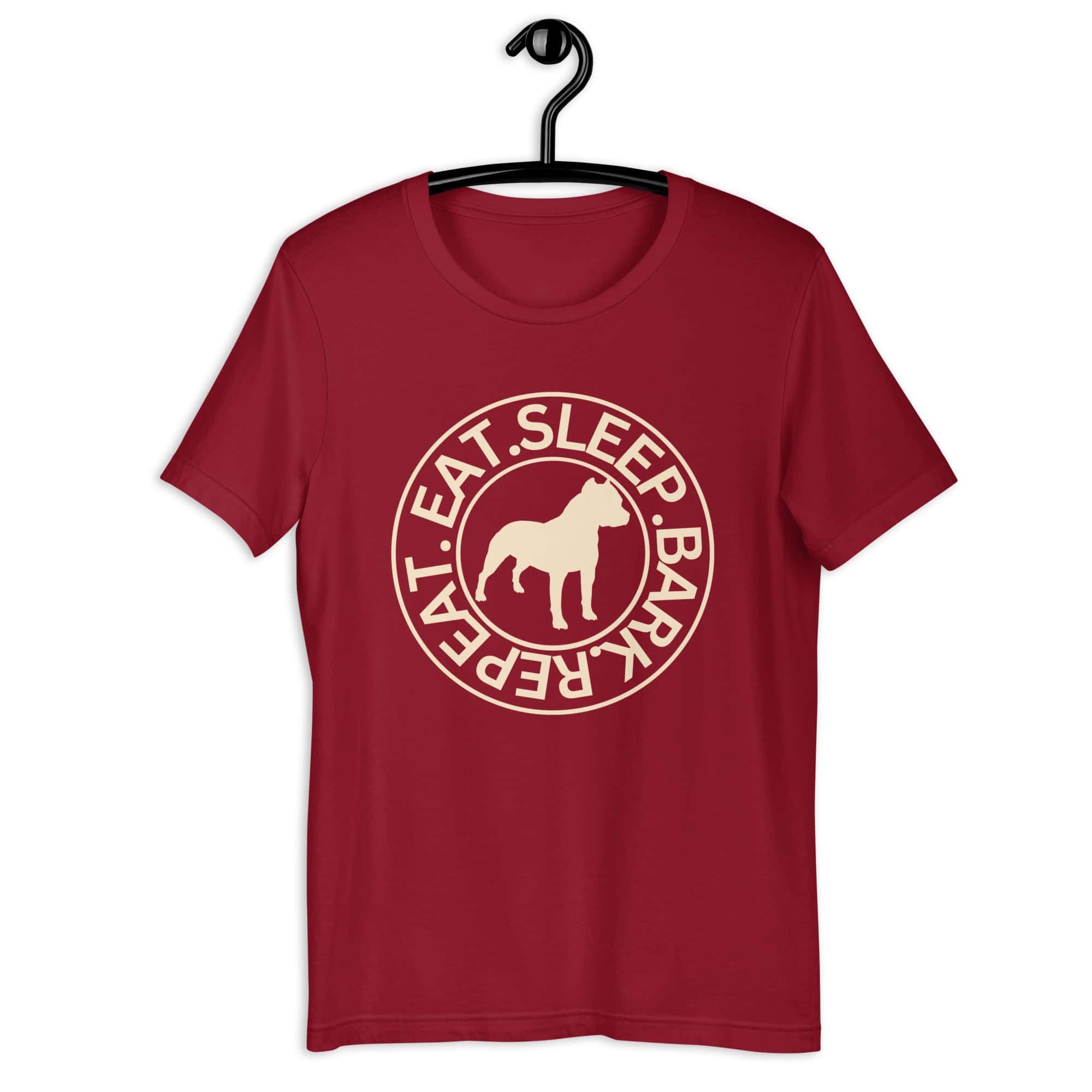 Eat Sleep Bark Repeat Toy Bulldog Unisex T-Shirt. Cardinal