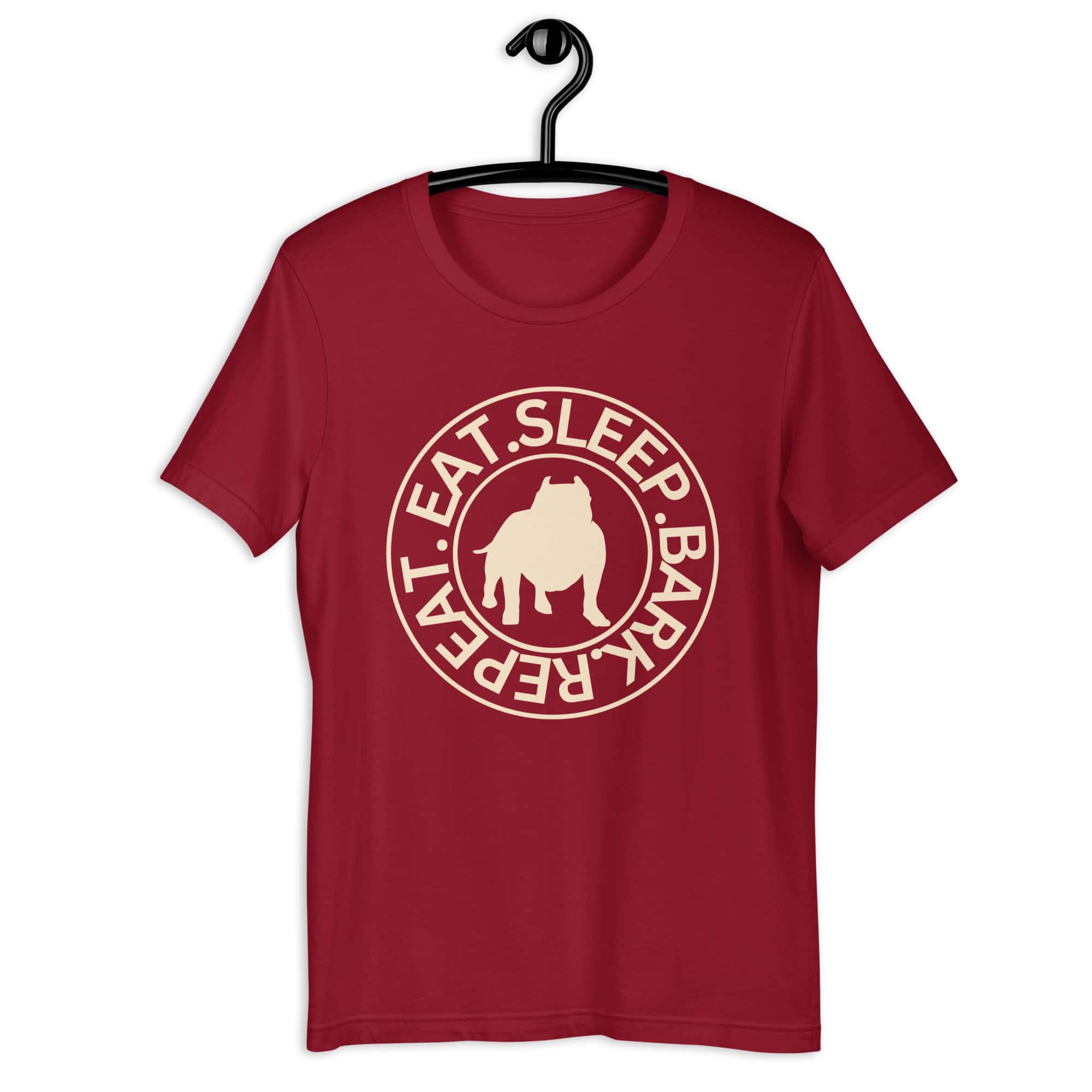 Eat Sleep Bark Repeat Bulldog Unisex T-Shirt. Cardinal