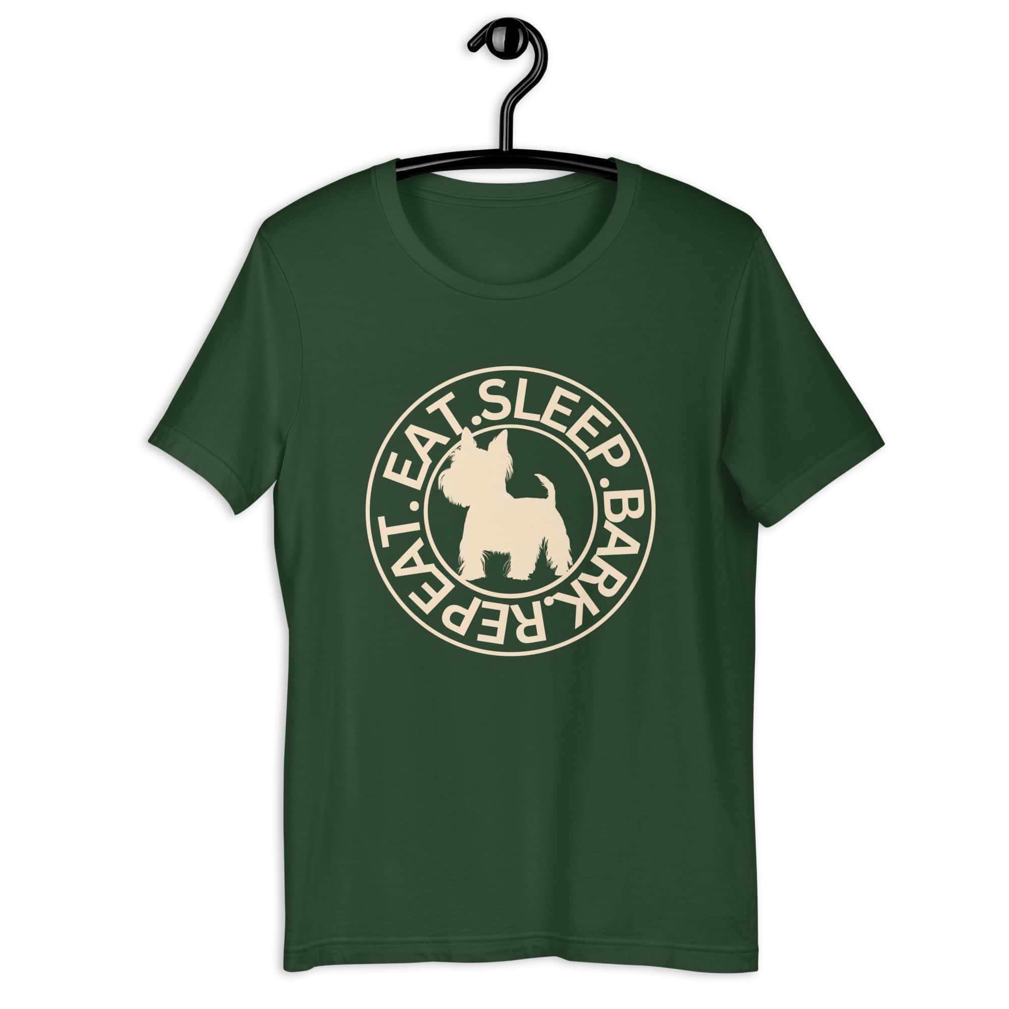Eat Sleep Bark Repeat Biewer Terrier Unisex T-Shirt. Forest Green