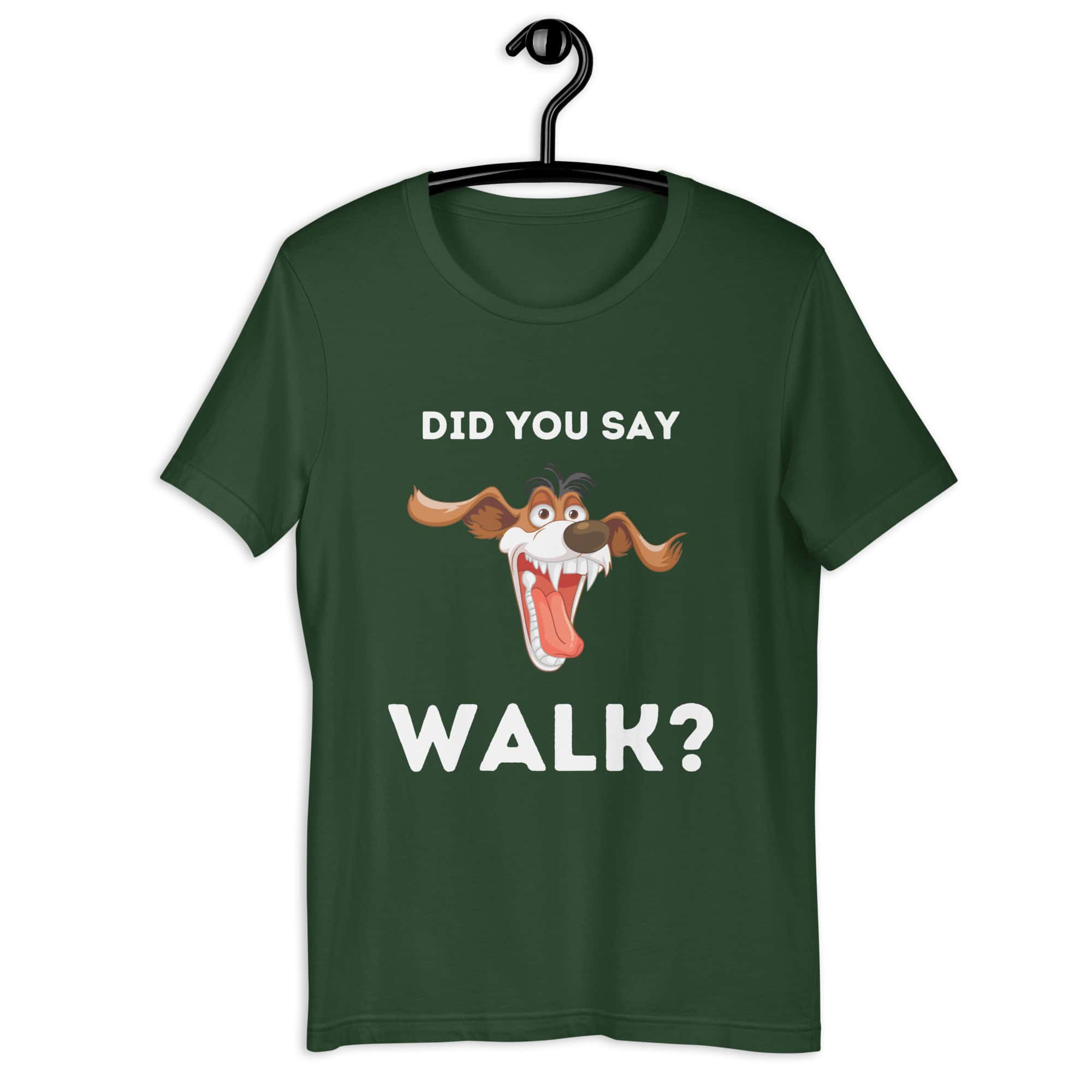 The "Funny 'Did You Say Walk?' Dog Unisex T-Shirt" captures the excitement dogs feel at the mention of a walk. Made from a comfortable, durable blend, it features a vibrant graphic that dog lovers will relate to. Available in various sizes and colors, it's perfect for casual wear, highlighting a universal moment in dog ownership with humor and style. Forest