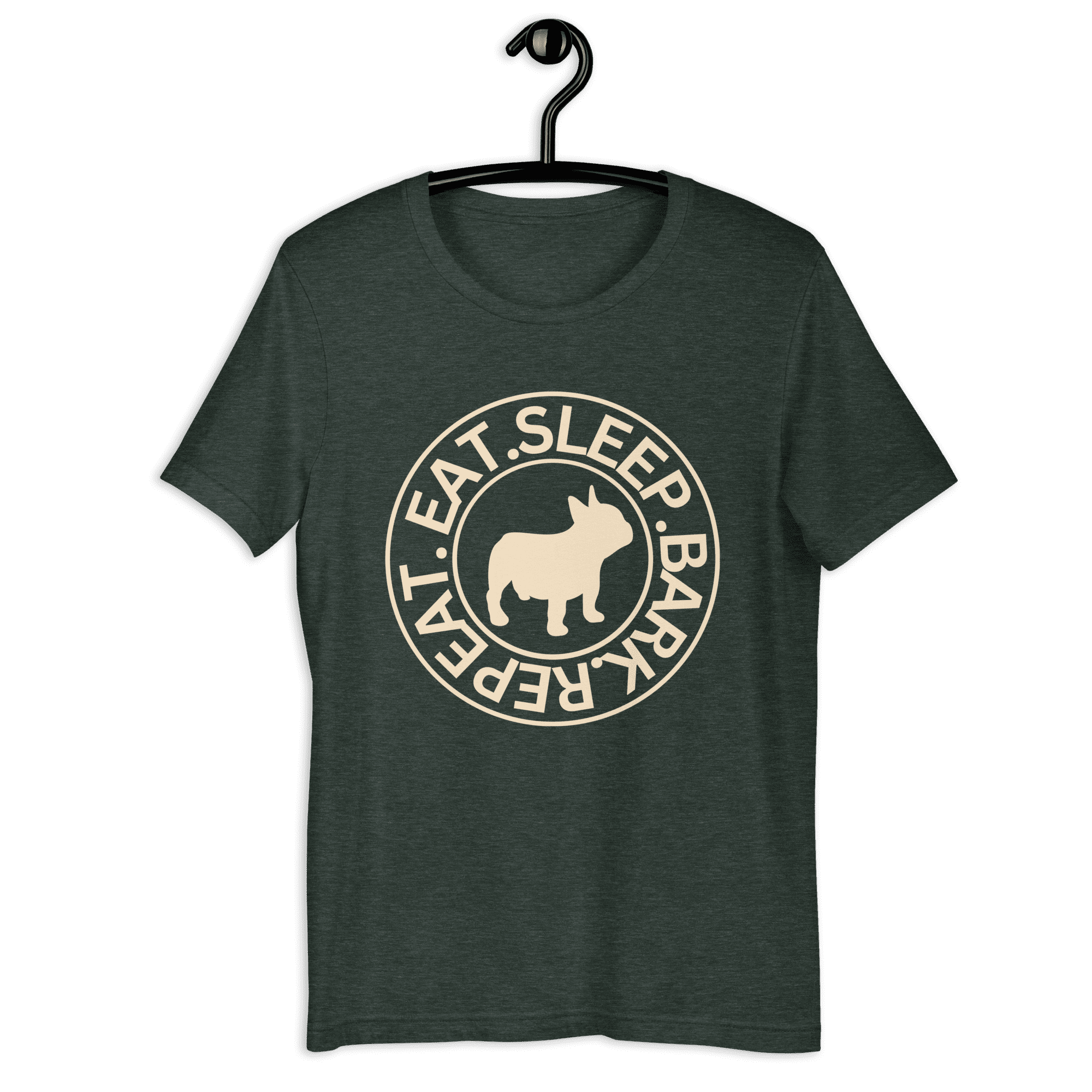 The "Eat Sleep Bark Repeat" French Bulldog Unisex T-Shirt. Grey