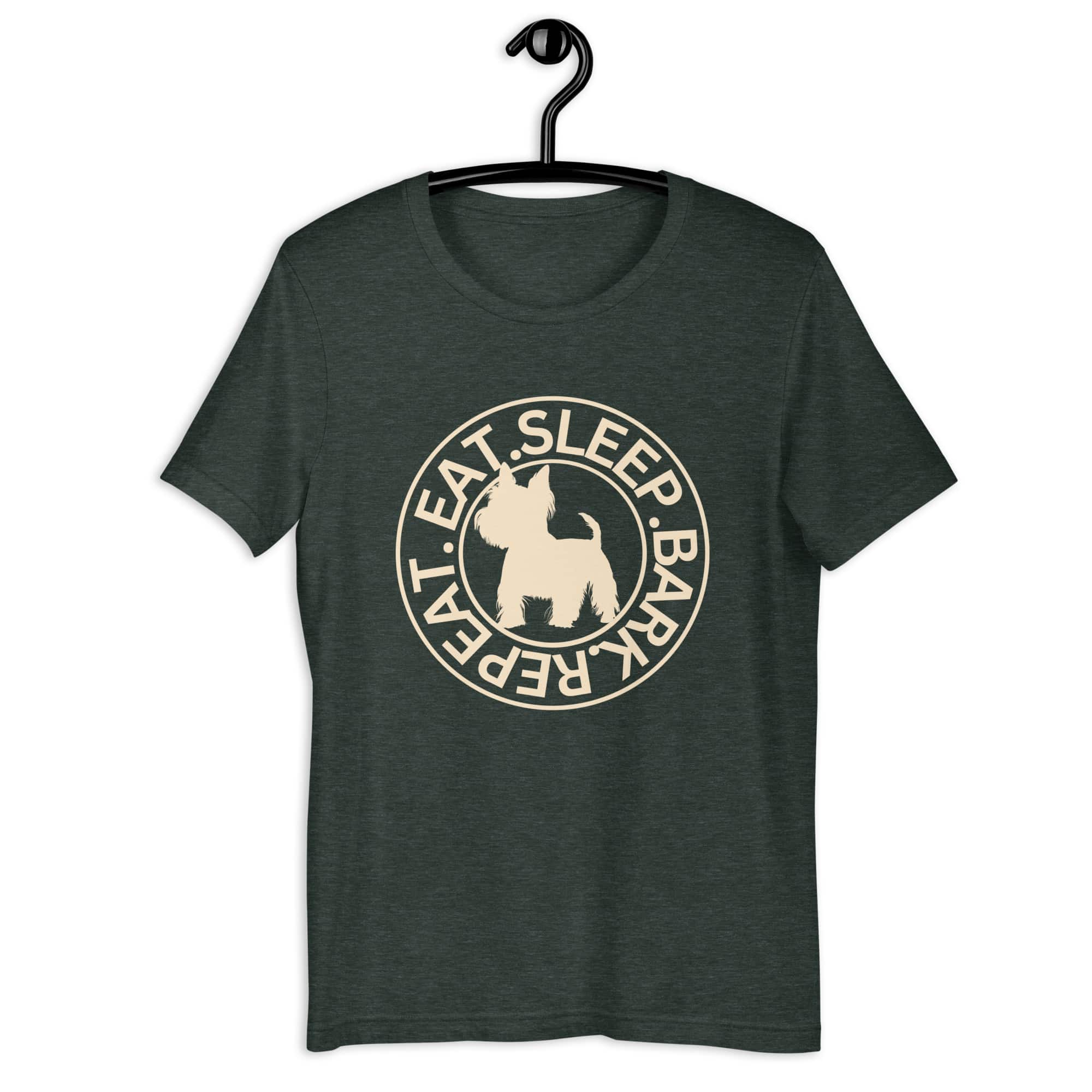 Eat Sleep Bark Repeat Biewer Terrier Unisex T-Shirt. Heather Forest green