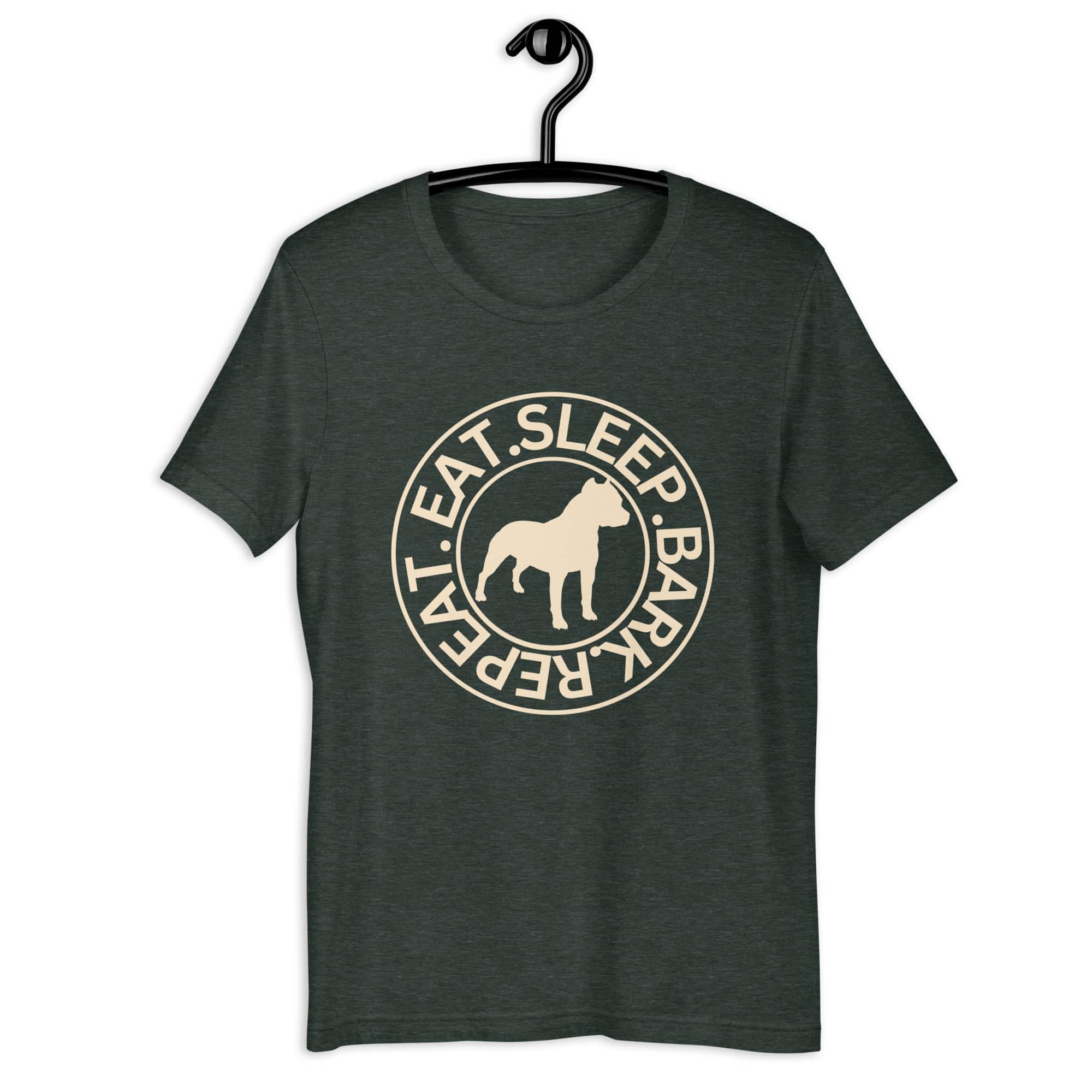 Eat Sleep Bark Repeat Toy Bulldog Unisex T-Shirt. Heather Forest