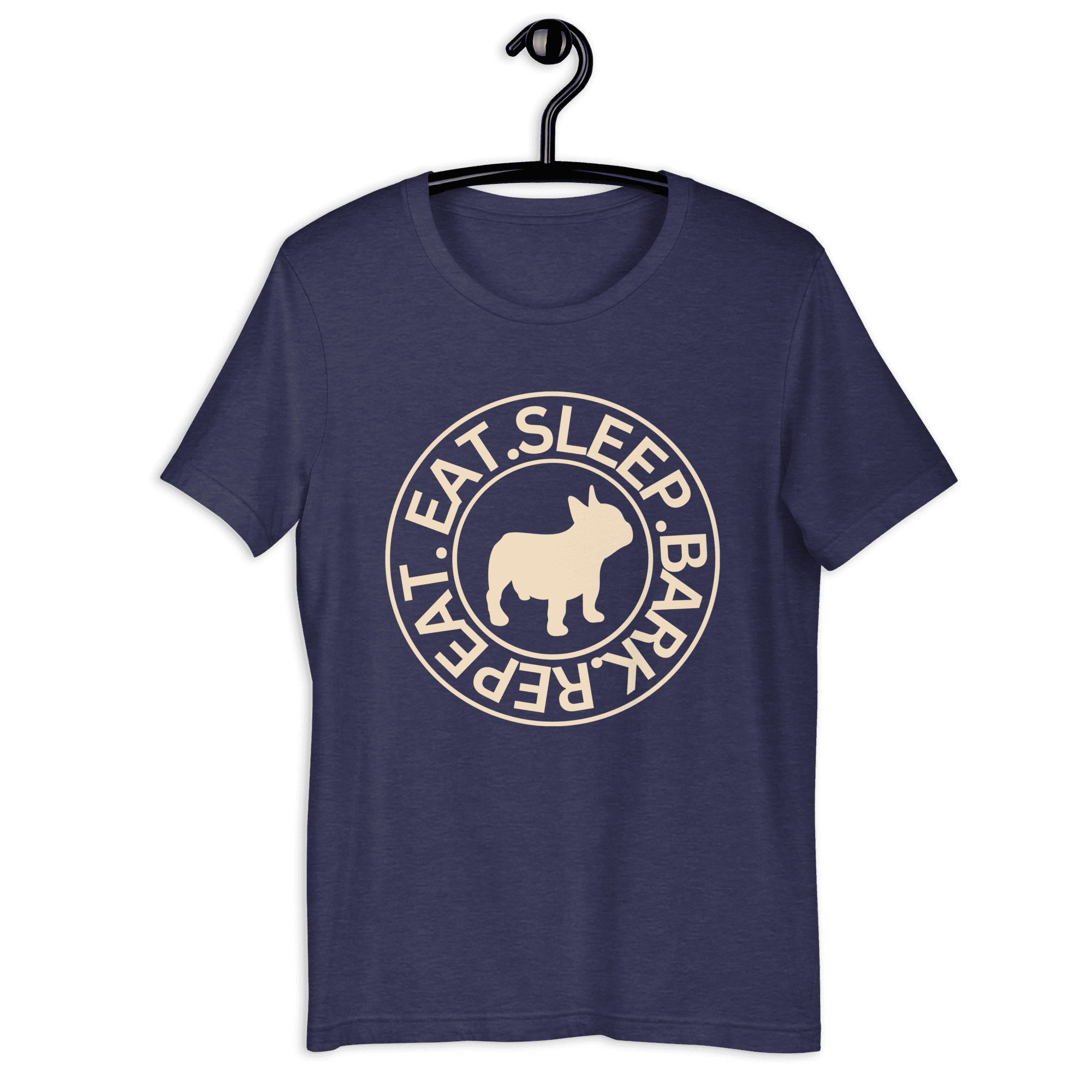 The "Eat Sleep Bark Repeat" French Bulldog Unisex T-Shirt. Midnight Navy