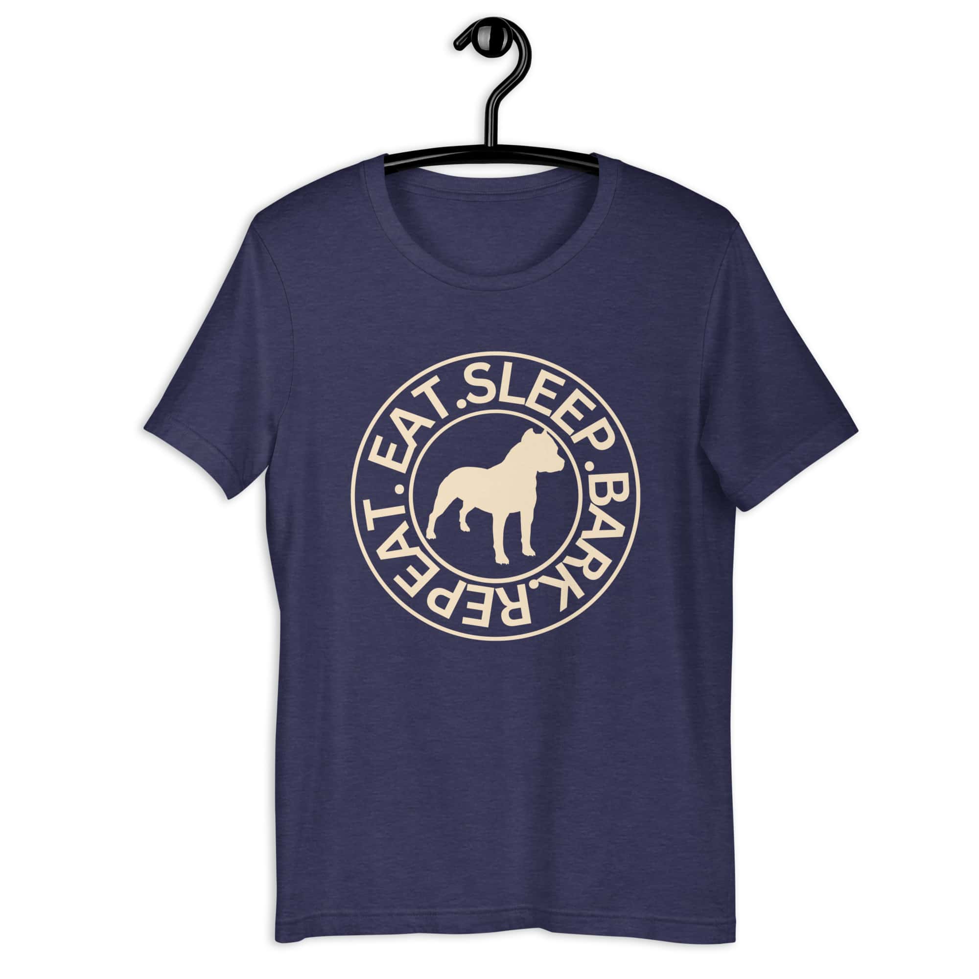 Eat Sleep Bark Repeat Toy Bulldog Unisex T-Shirt. Heather Midnight Navy