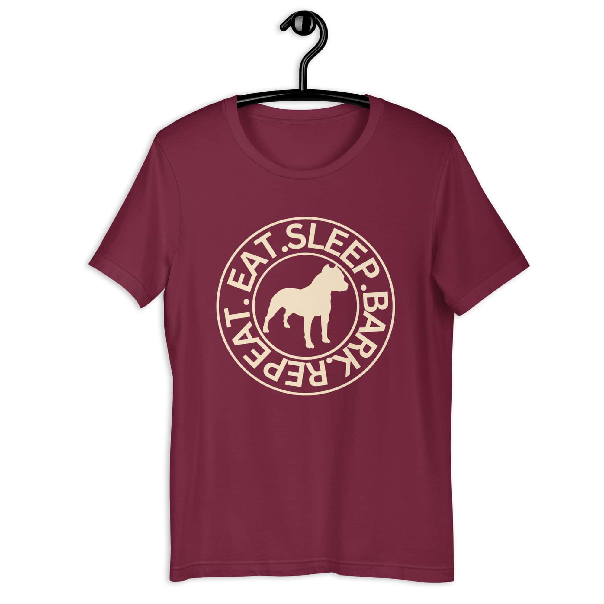 Eat Sleep Bark Repeat Toy Bulldog Unisex T-Shirt. Maroon