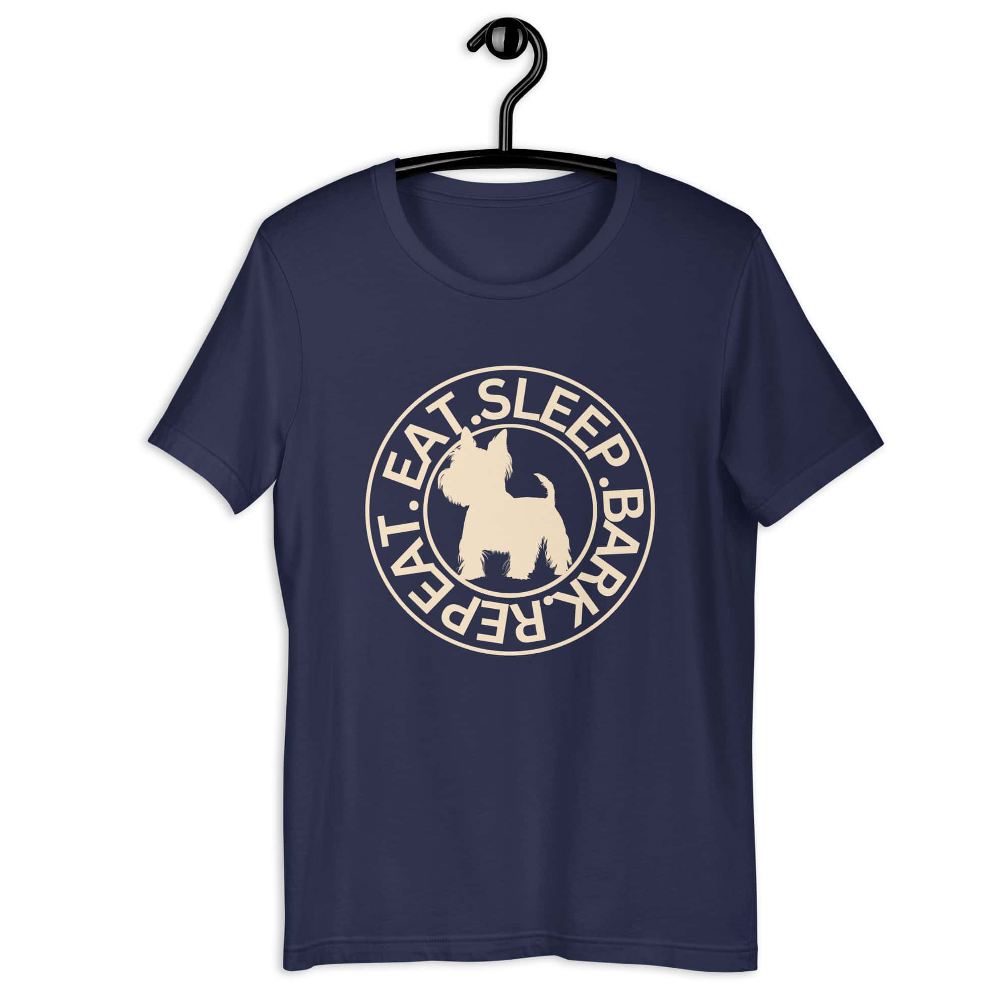 Eat Sleep Bark Repeat Biewer Terrier Unisex T-Shirt. Navy Blue