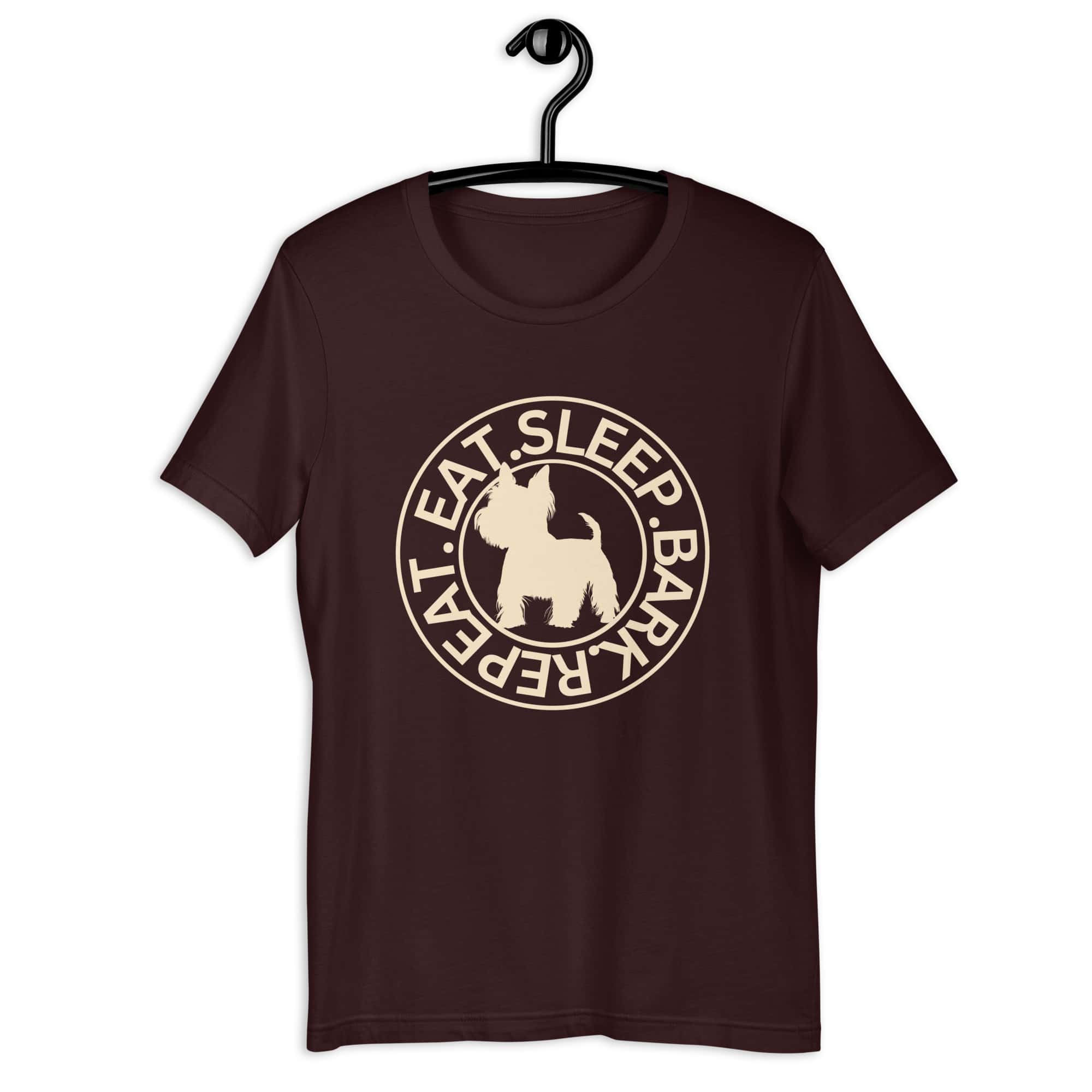 Eat Sleep Bark Repeat Biewer Terrier Unisex T-Shirt. Oxblood