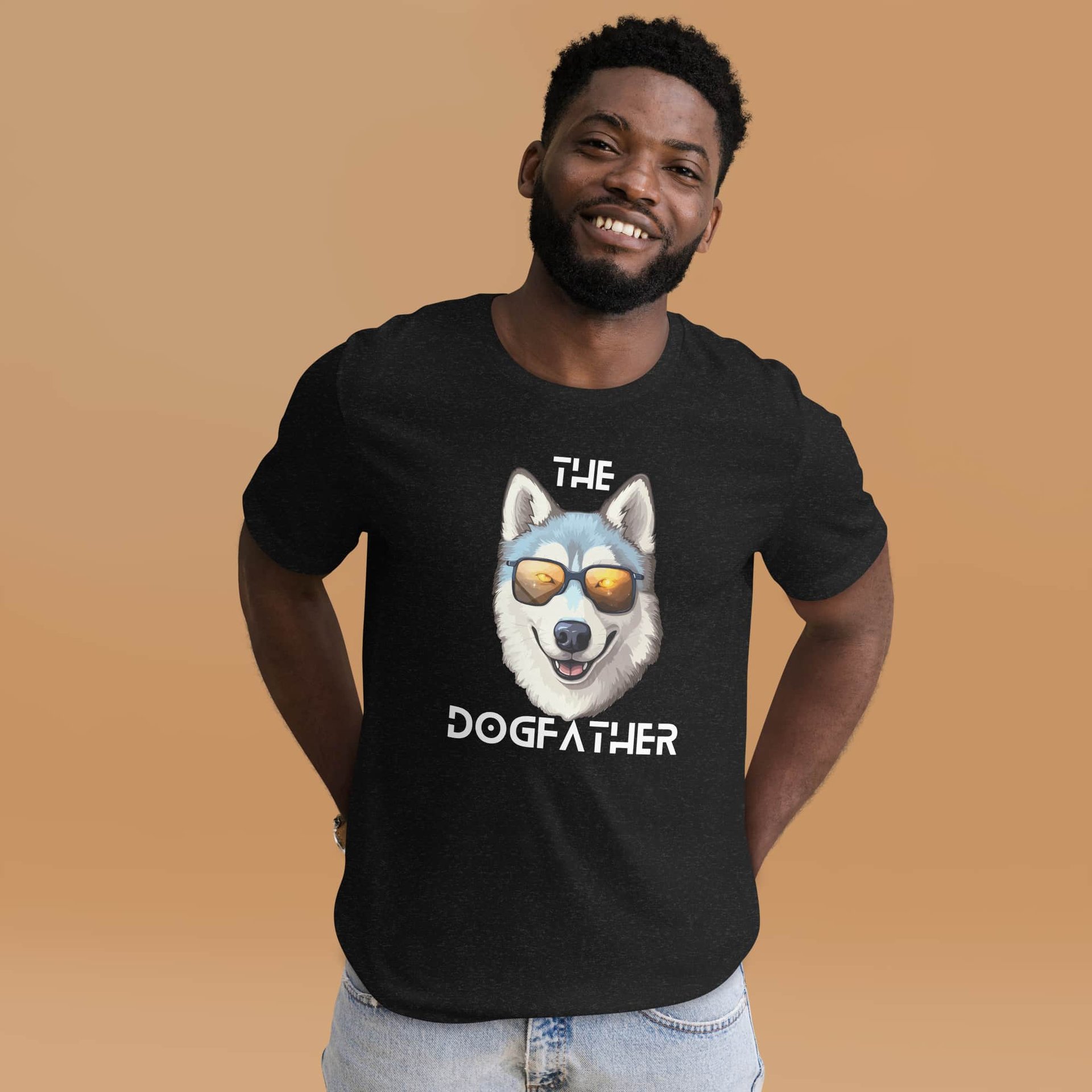 The Dogfather Huskies Unisex T-Shirt. Black Heather. Male