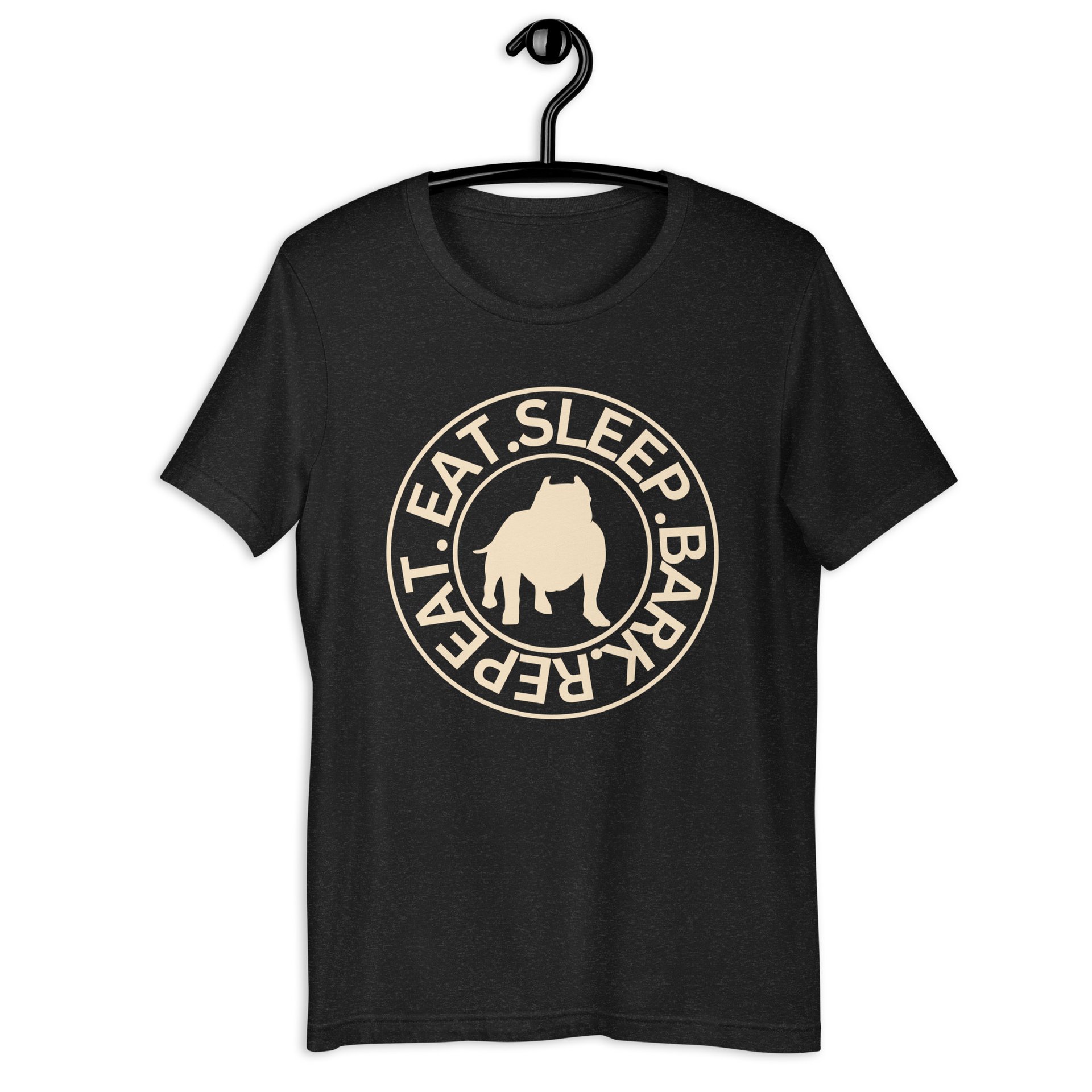 Eat Sleep Bark Repeat Bulldog Unisex T-Shirt. Heather Black