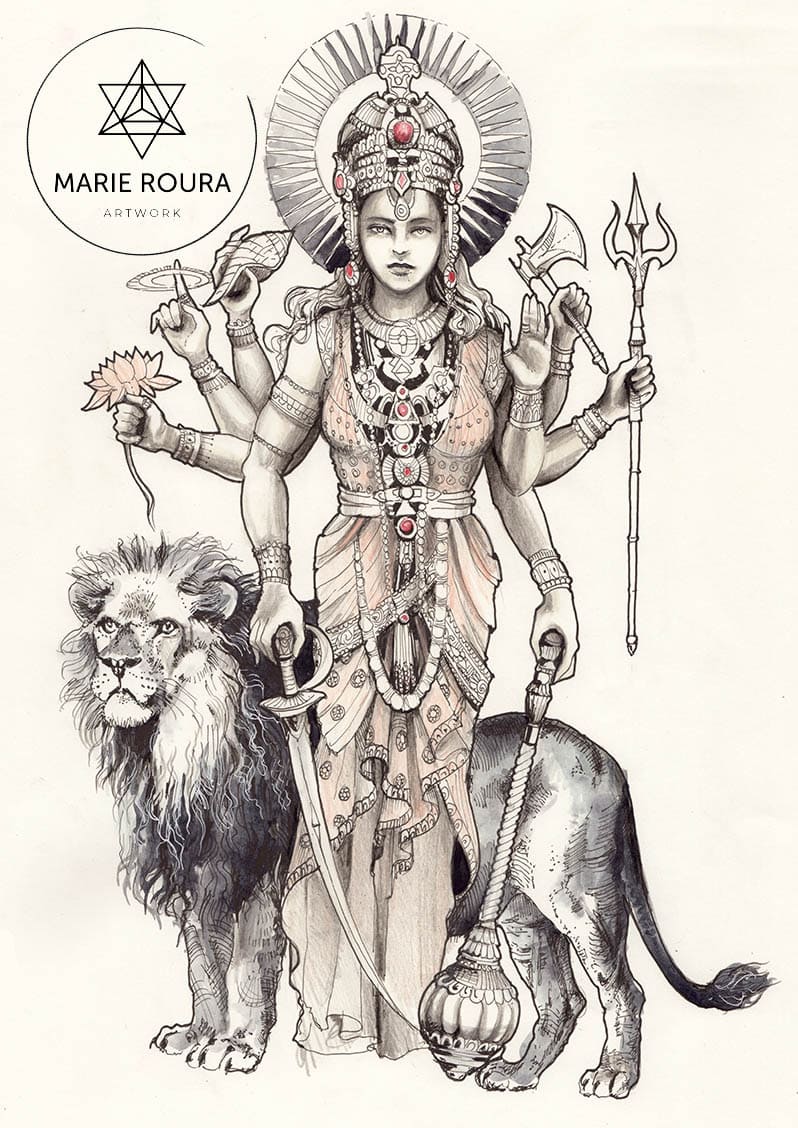 Un dessin de Durga,histoire déesse durga