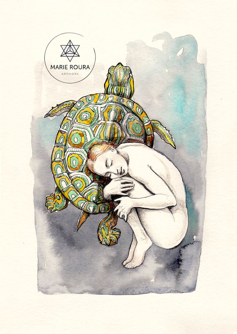 Une aquarelle représentant une femme serrant La tortue animal thérapeute