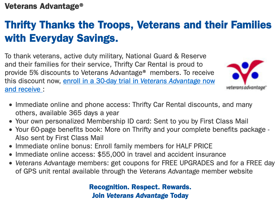 Thrifty RentACar Military Discount 5 Off Military Veterans Discount