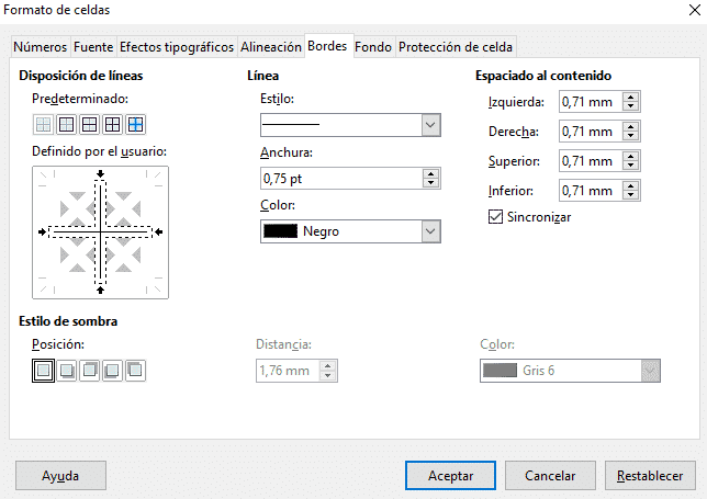 Configuración de bordes en LO Calc