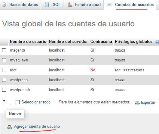 crear usuario en PHP My Admin Wamp server - instalando wordpress
