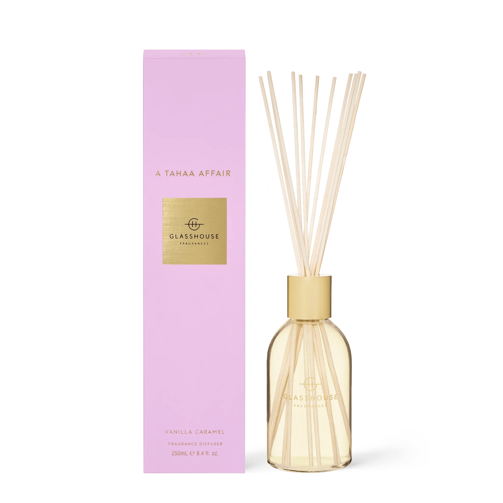 Tahaa - Glasshouse Diffuser with a pink box.