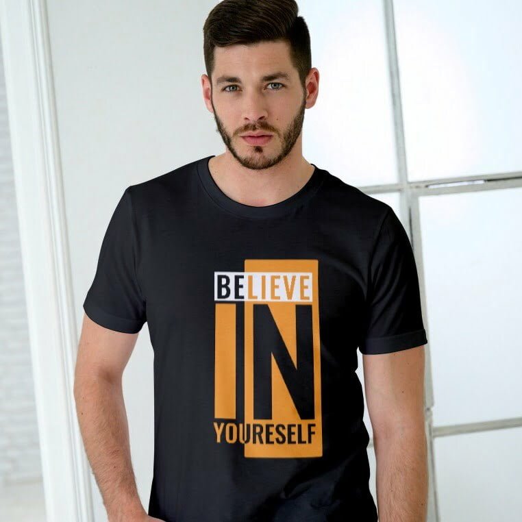 Believe in Yourself Men's Printed Black Round Neck T-shirt