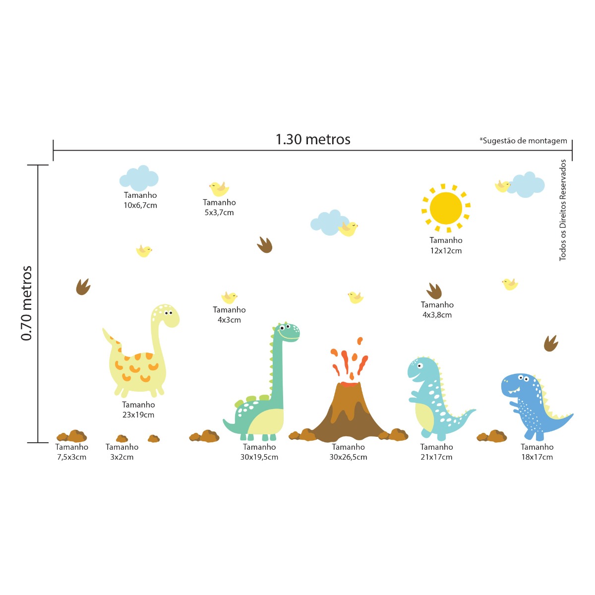 Adesivo de Parede Dinossauros e Vulcão Infantil Cobre 1m²