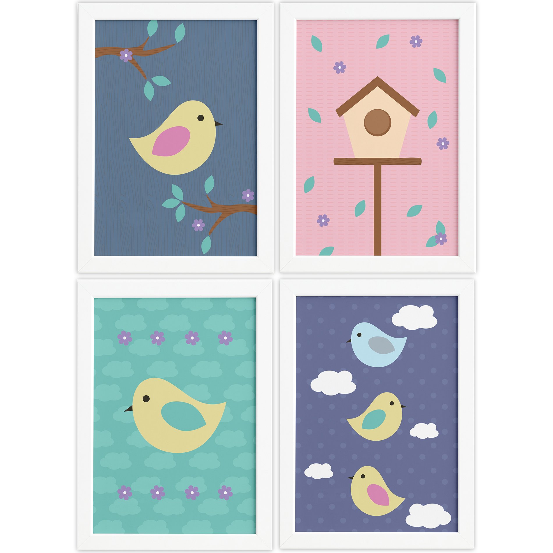 Quadros Decorativos Infantil Pássaros Moldura Branca 4un 22x32