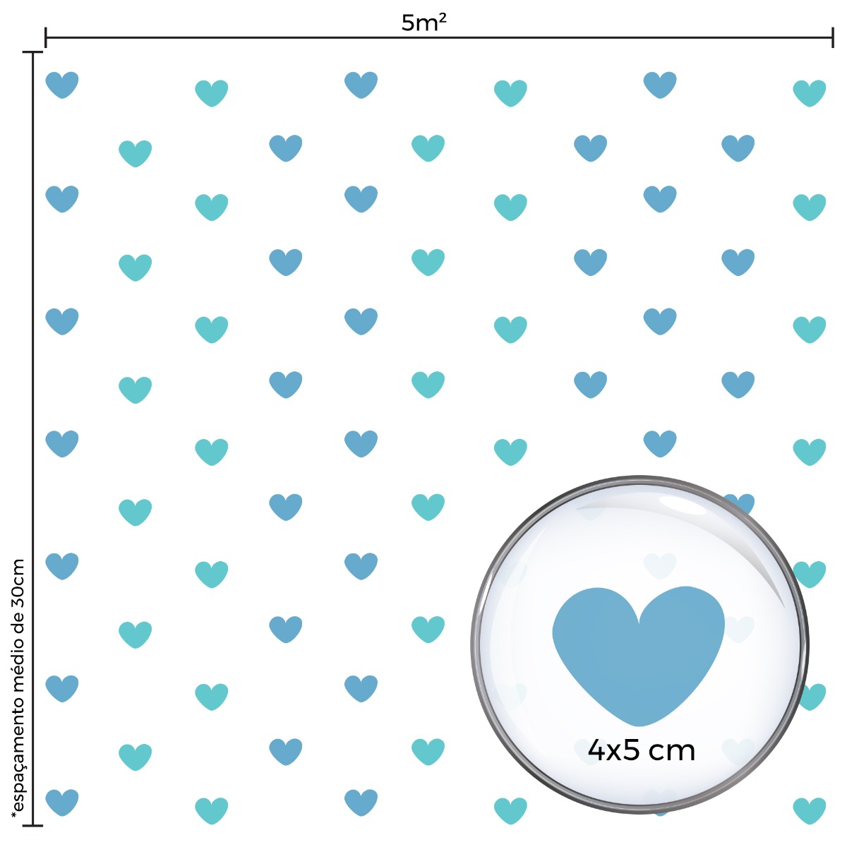 Adesivo de Parede Corações Tons de Azul 5cm 55un