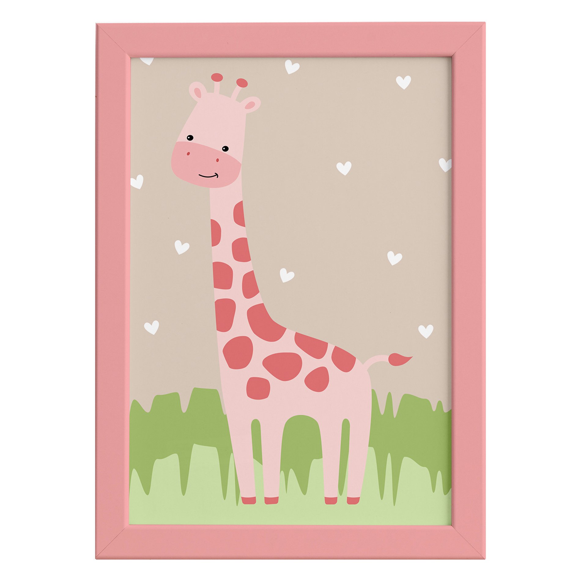 Quadro Safari Menina Girafa Moldura Rosa