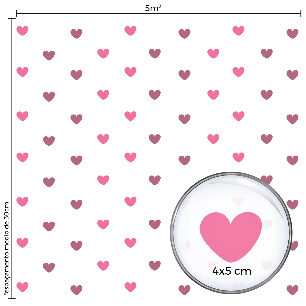 Adesivo de Parede Corações Tons de Rosa 5cm 55un