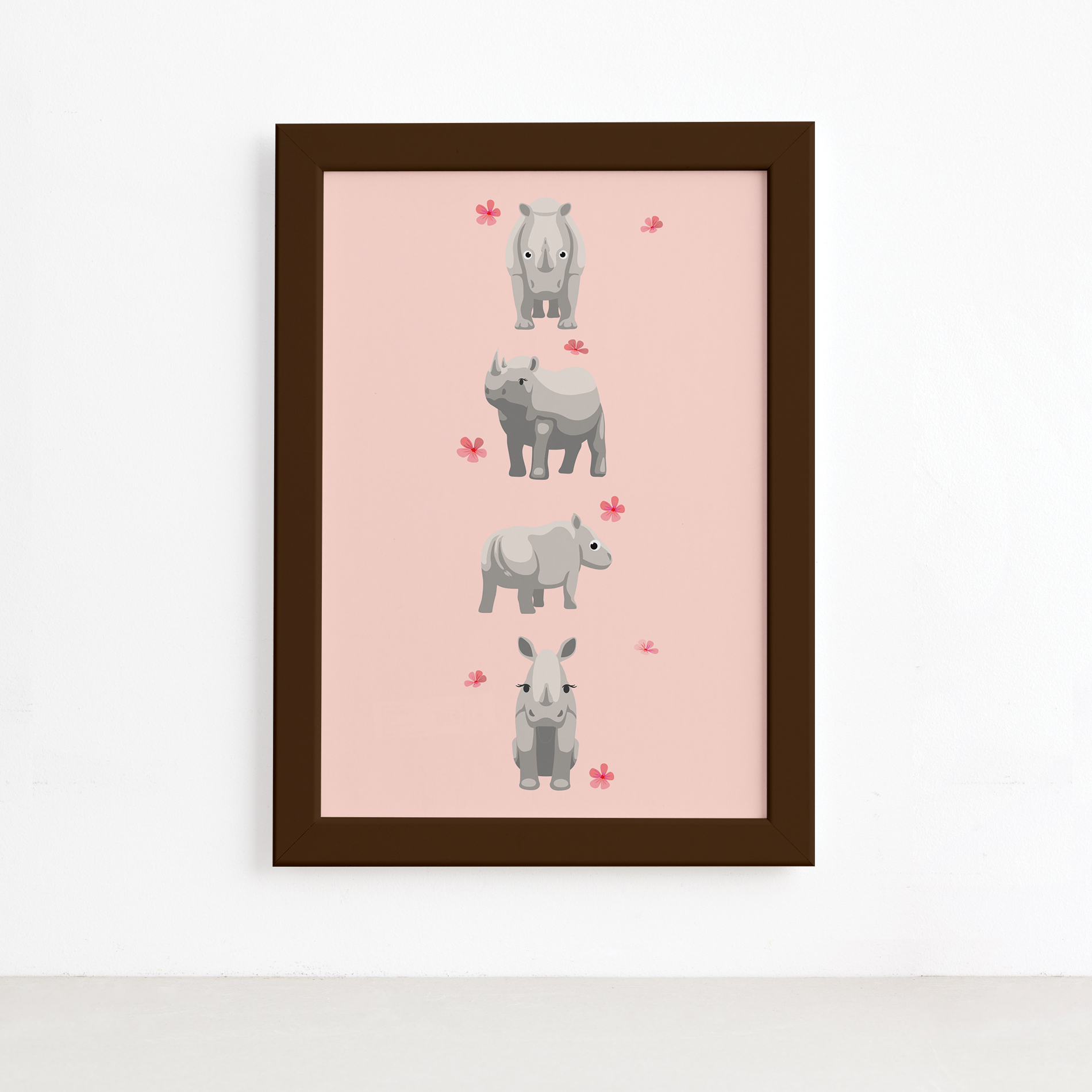 Quadro Infantil Rinoceronte Quarteto Moldura Marrom 22x32cm,Quadro Infantil Rinoceronte Quarteto Moldura Marrom 22x32cm