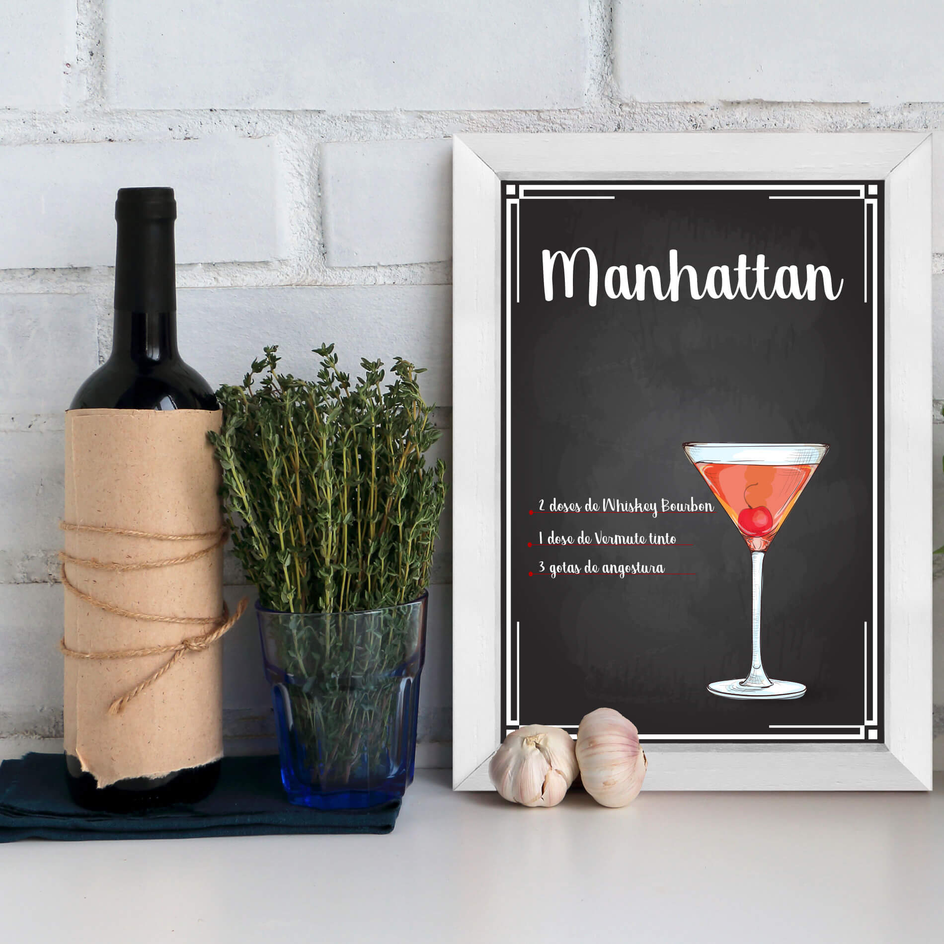 Quadro Decorativo Bebida Manhattan 22x32cm Moldura Branca