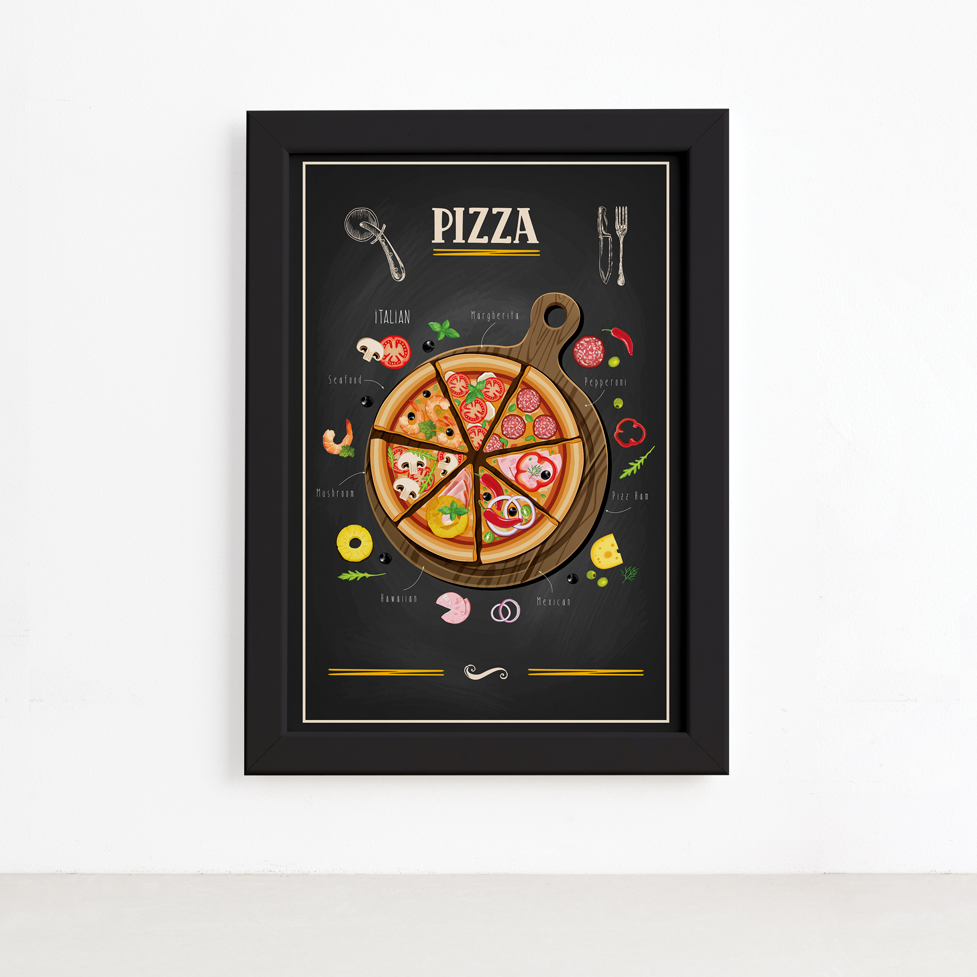 Quadro para Cozinha Pizza Moldura Preta 22x32cm,Quadro para Cozinha Pizza Moldura Preta 22x32cm