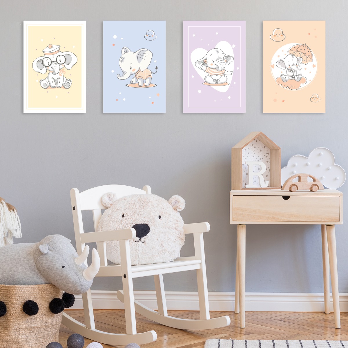 Placas Decorativas Elefante Baby para Quarto Kit 4un 30x40cm