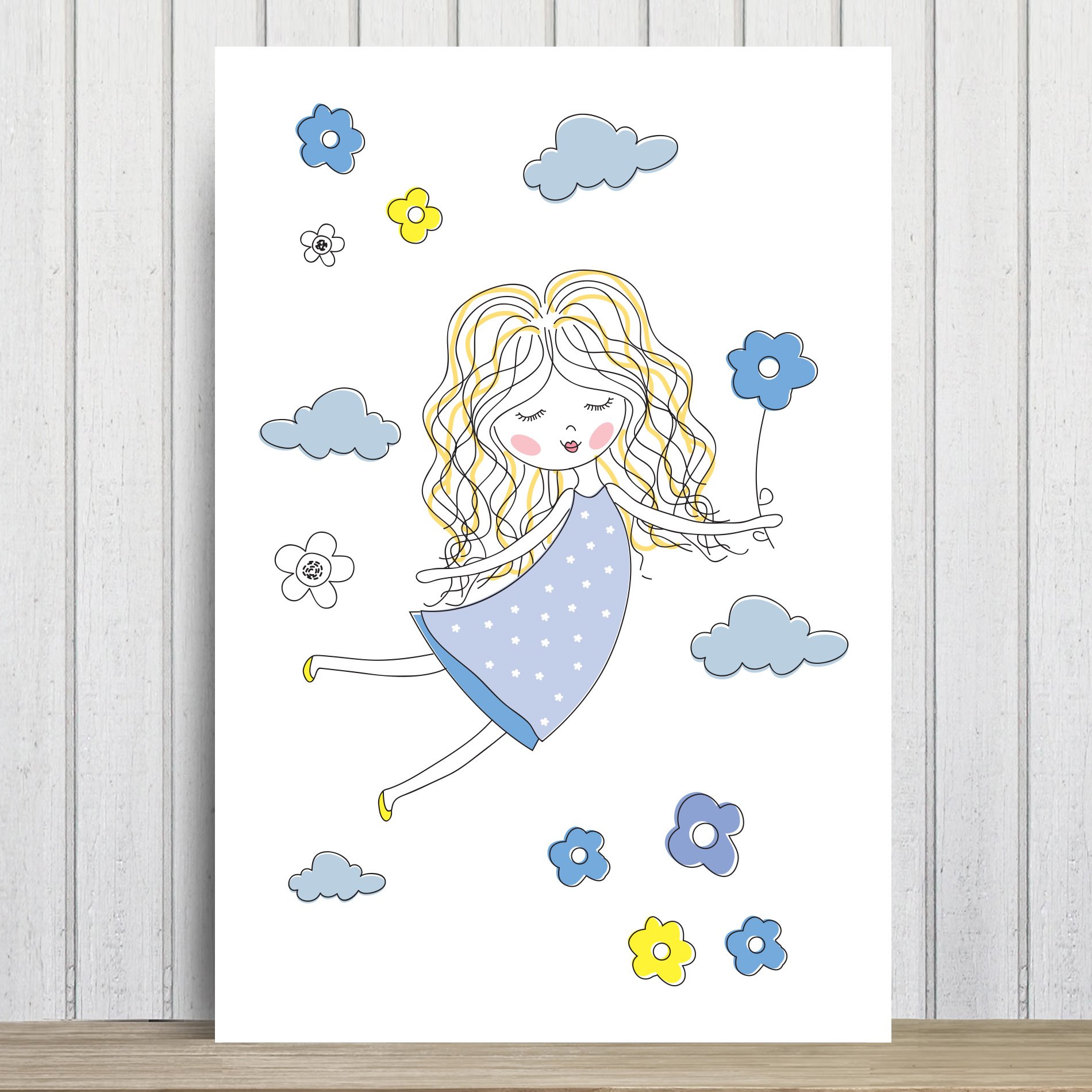 Placa Decorativa MDF Infantil Menina e Flores Azuis