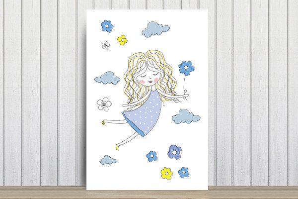 Placa Decorativa MDF Infantil Menina e Flores Azuis 20x30cm