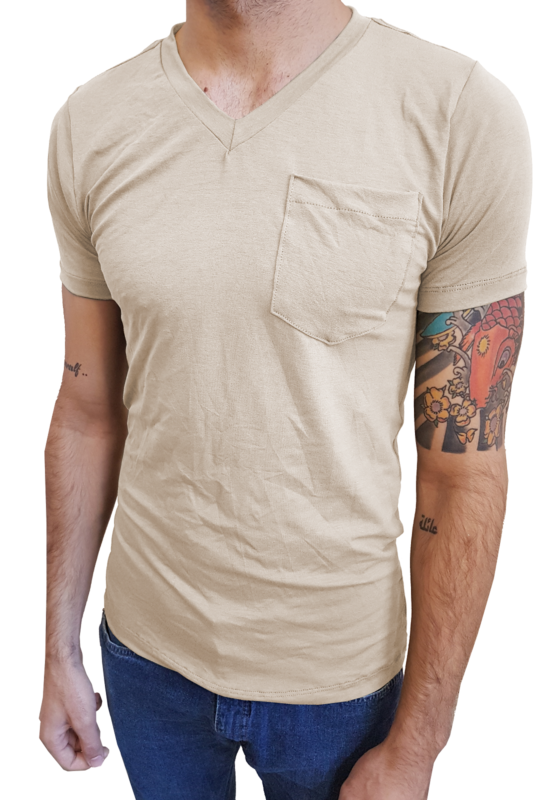 Camiseta Básica Masculina Gola V Com Bolso Manga Curta