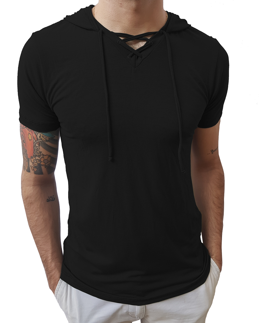 Camiseta Básica Masculina Gola V Com Cordão e Capuz Manga Curta