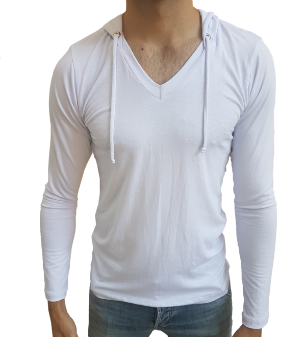 Camiseta Básica Masculina Gola V Médio Com Capuz e Regulagem