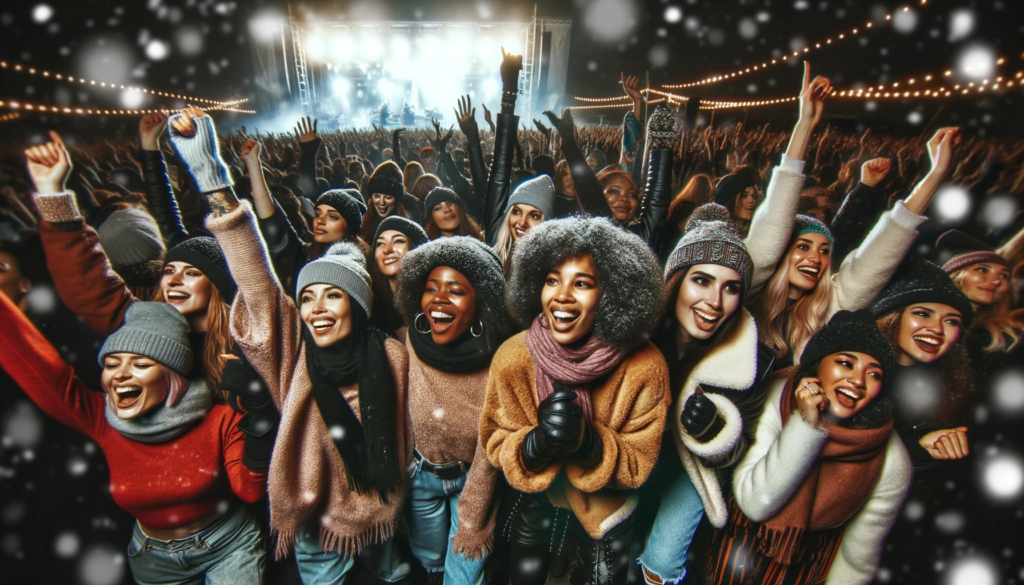 A group of people enjoying a Baltimore Beats concert at Inner Harbor in the snow during January 2024.
