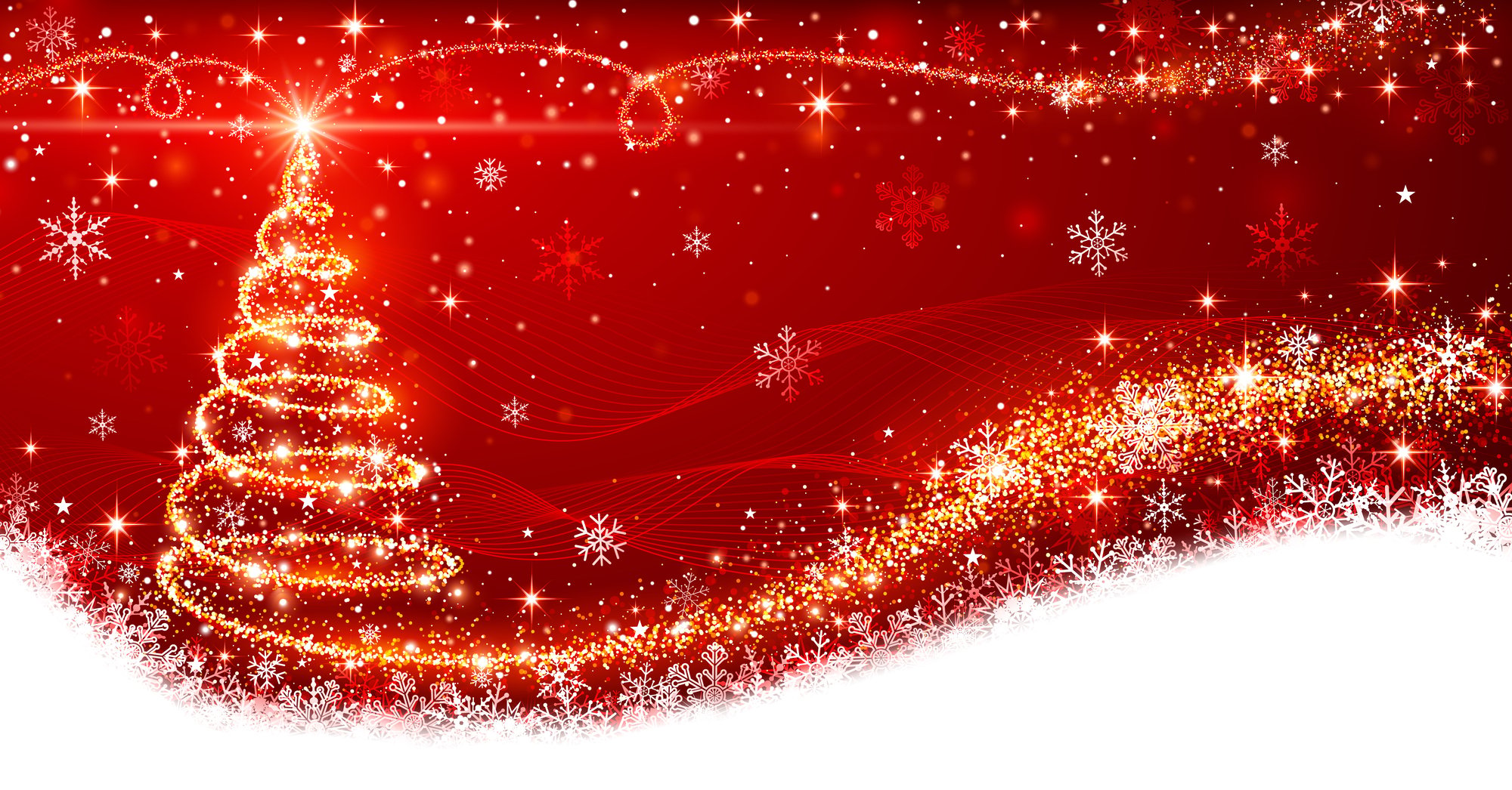 A Christmas tree decorated with snowflakes stands boldly against a vibrant red background.