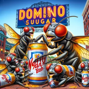 DALL·E 2024-04-15 18.52.20 - A humorous and colorful illustration of cicadas enjoying Natty Boh beer in front of the iconic Domino Sugar sign in Baltimore's Inner Harbor. The scen