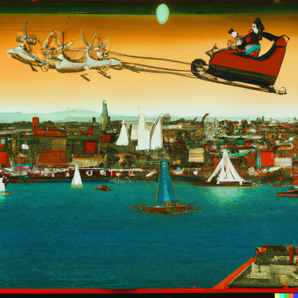 Experience the Ultimate Baltimore Christmas Experience with a mesmerizing painting of Santa Claus flying over the city. Find yourself captivated by the intricate details of this piece as you imagine Santa's journey through the